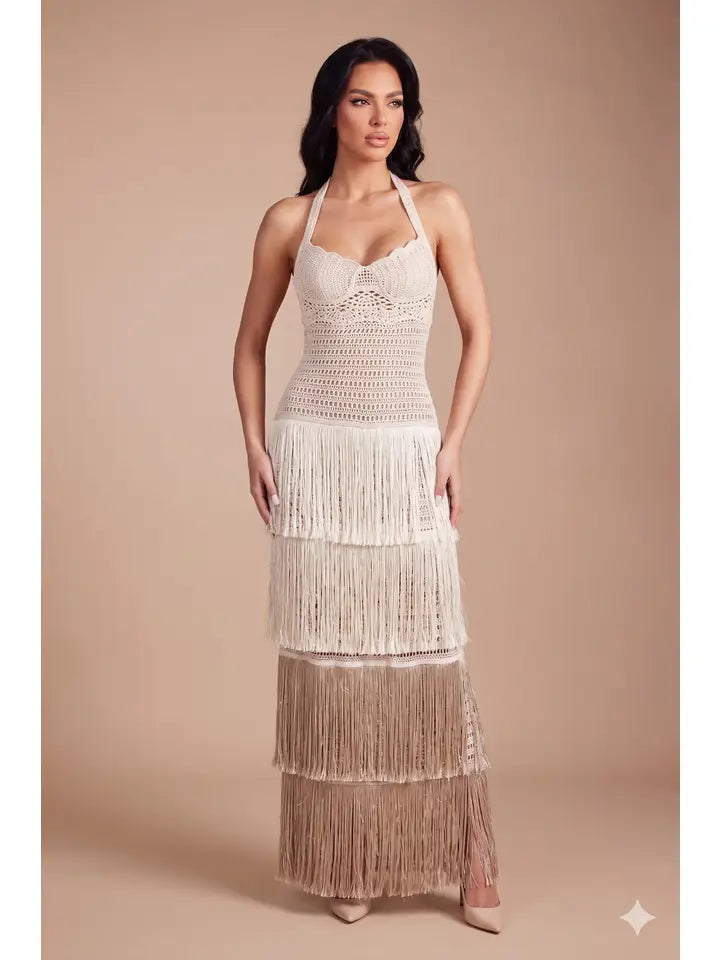 Tiered Fringe & Crochet Halter Neck Maxi Dress - Natural