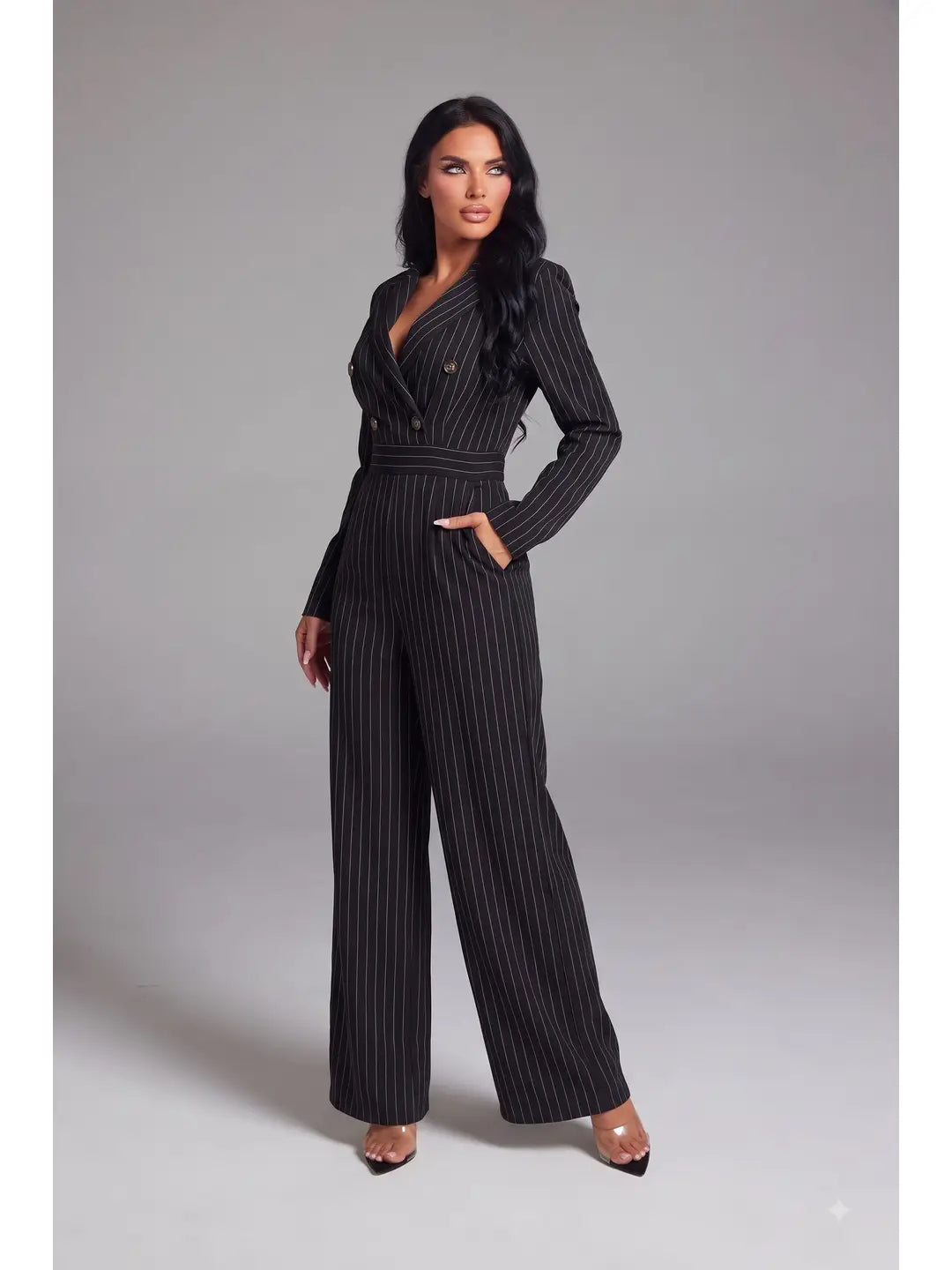 Tailored Pinstripe Double-Breasted Long Sleeve Jumpsuit