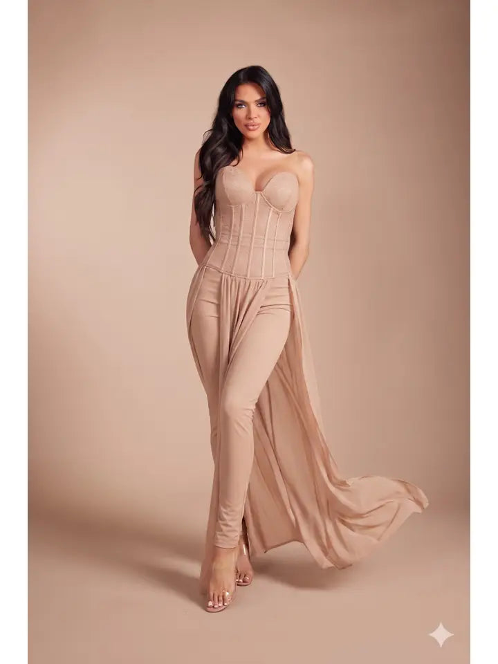 Corset Jumpsuit with Flowing Chiffon Overlay