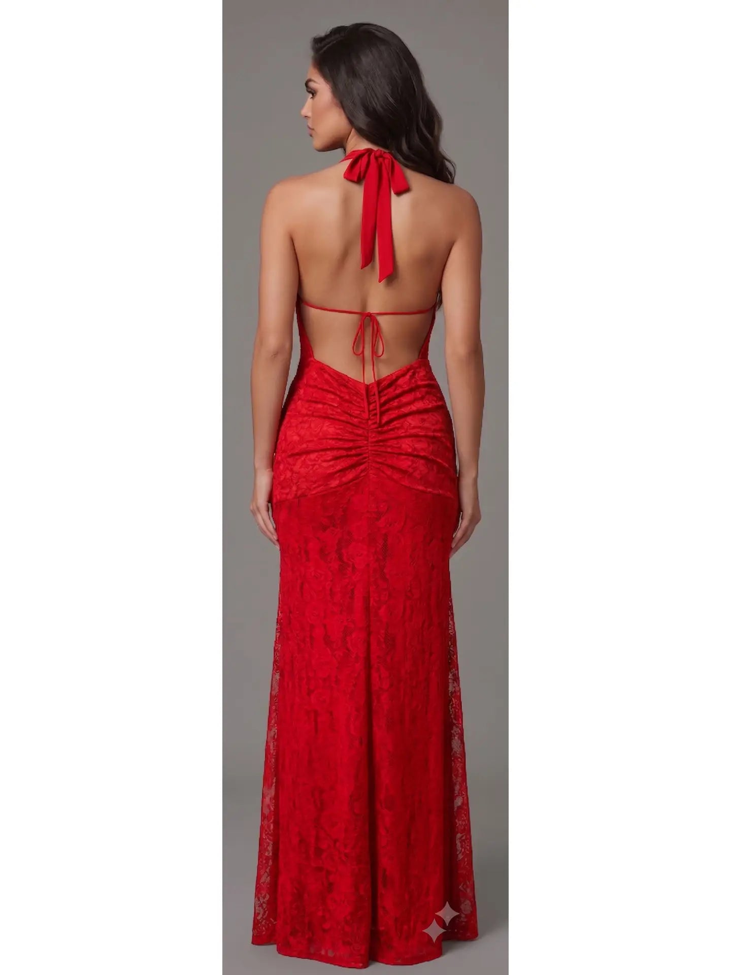 Cascading Ruffle & Floral Lace Backless Halter Gown