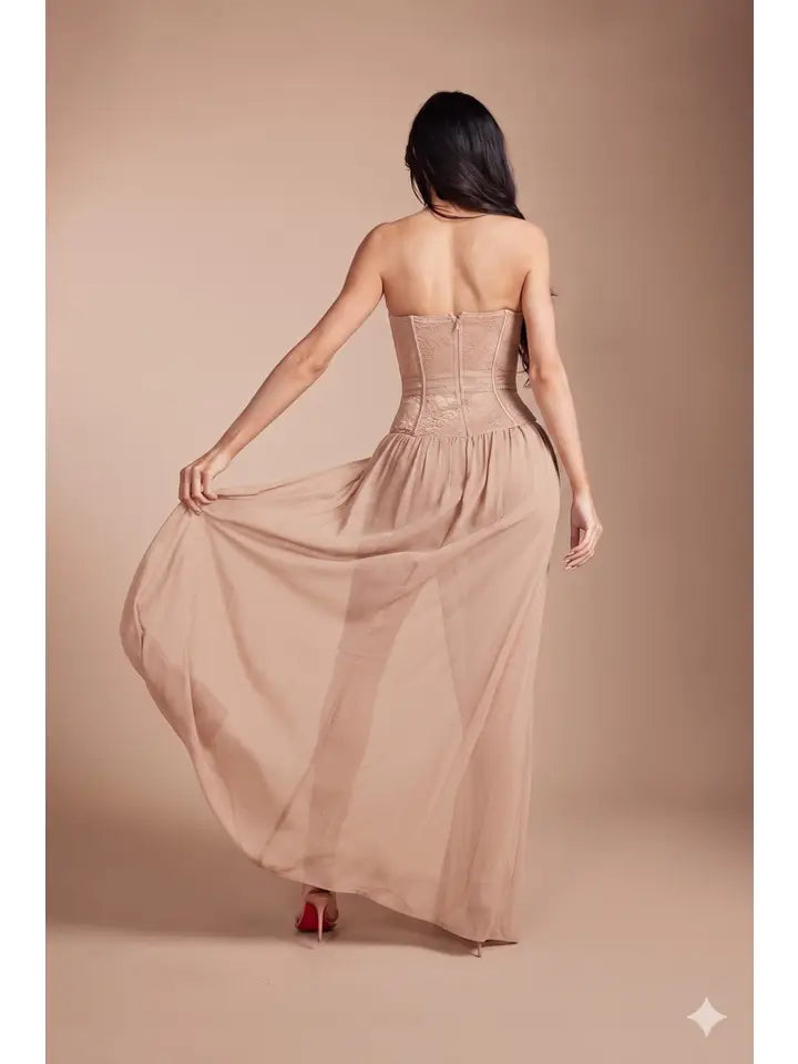 Corset Jumpsuit with Flowing Chiffon Overlay