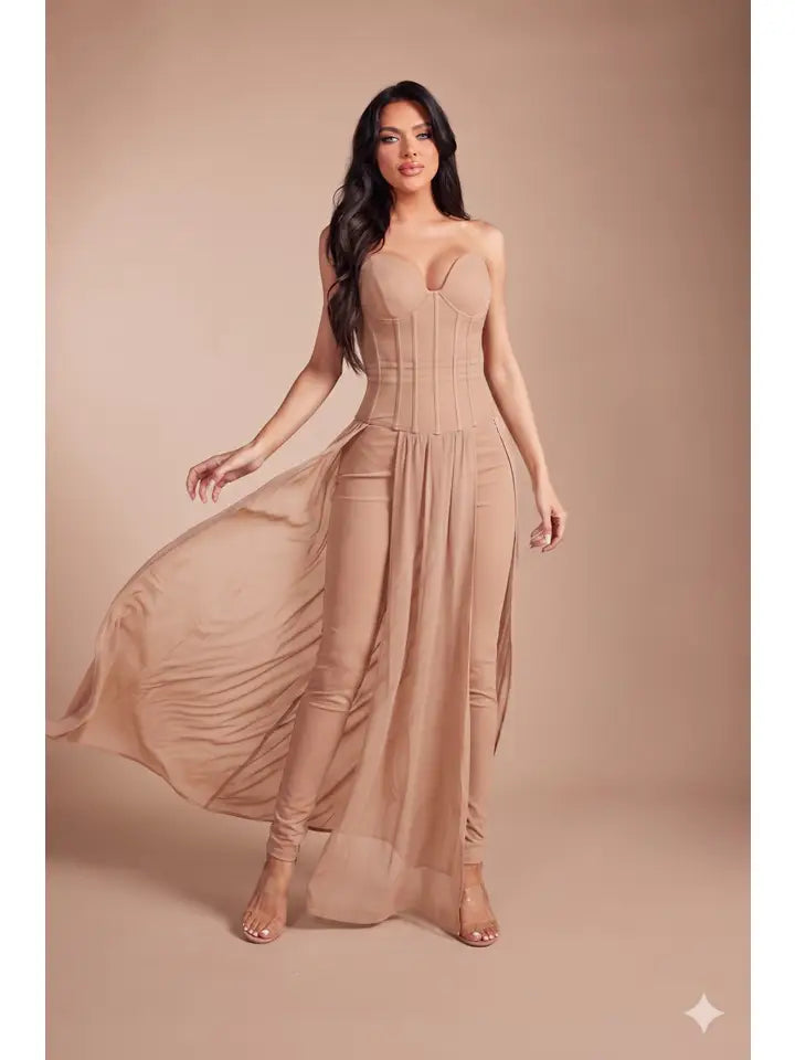 Corset Jumpsuit with Flowing Chiffon Overlay
