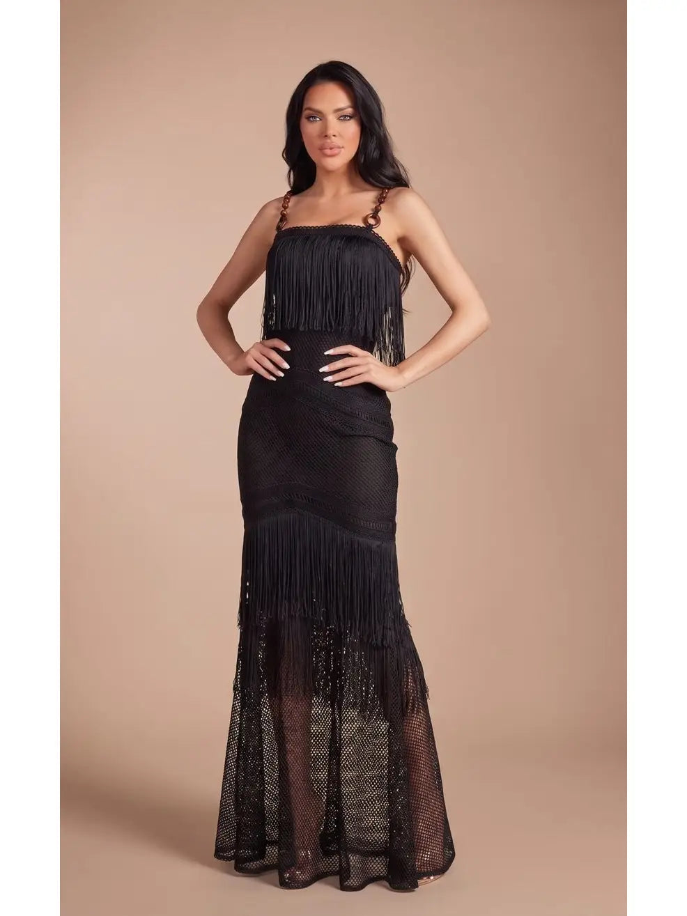 Boho Glam Tiered Fringe Crochet Mesh Maxi Dress