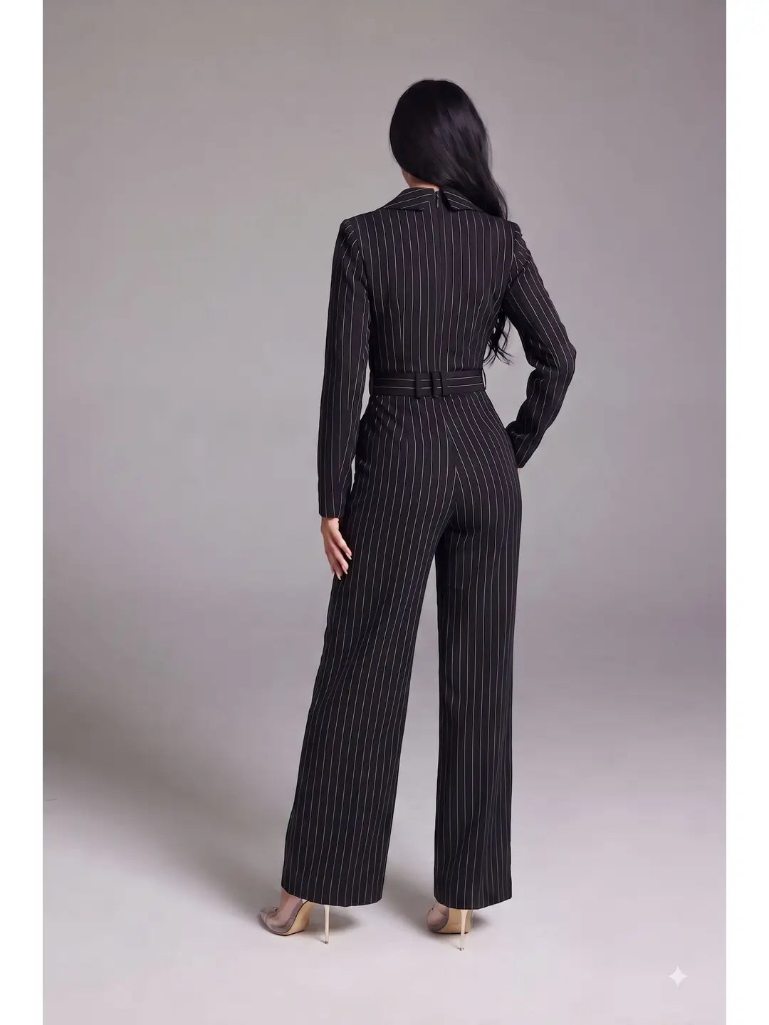 Tailored Pinstripe Double-Breasted Long Sleeve Jumpsuit