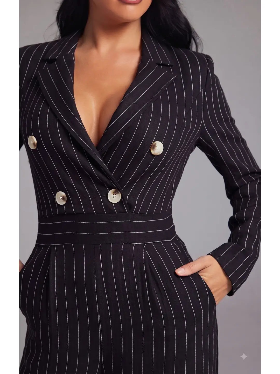 Tailored Pinstripe Double-Breasted Long Sleeve Jumpsuit