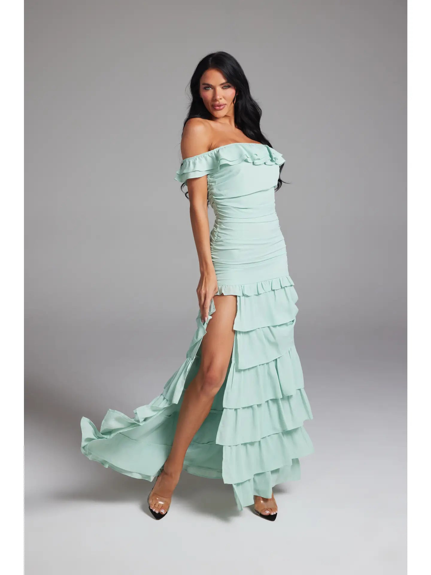 Off-the-Shoulder Ruched Tiered Ruffle Maxi Dress with High S