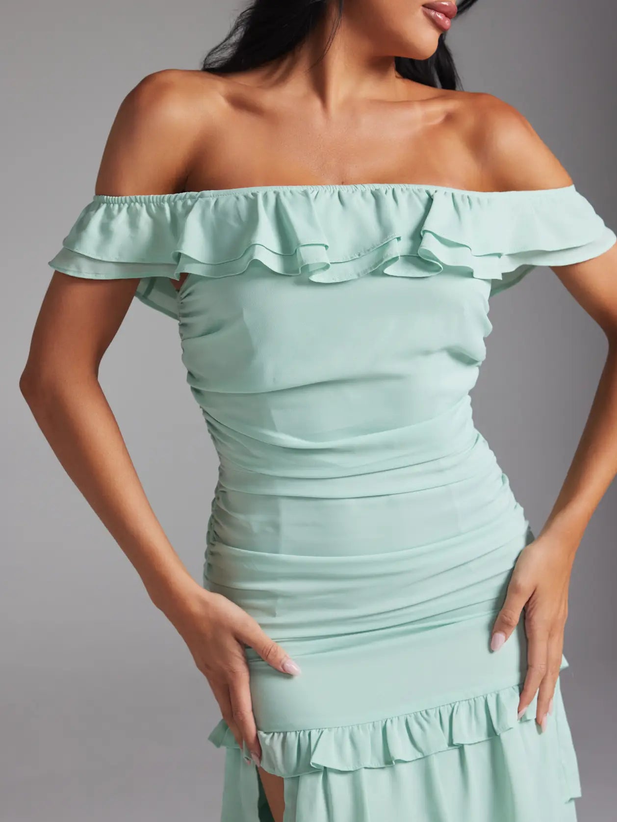 Off-the-Shoulder Ruched Tiered Ruffle Maxi Dress with High S