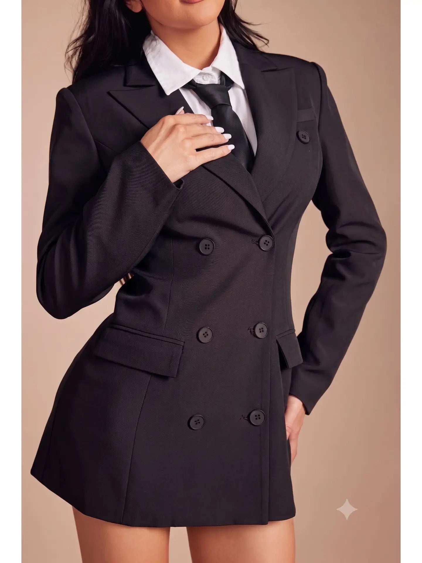 Double-Breasted Blazer Mini Dress with Collared Shirt & Tie