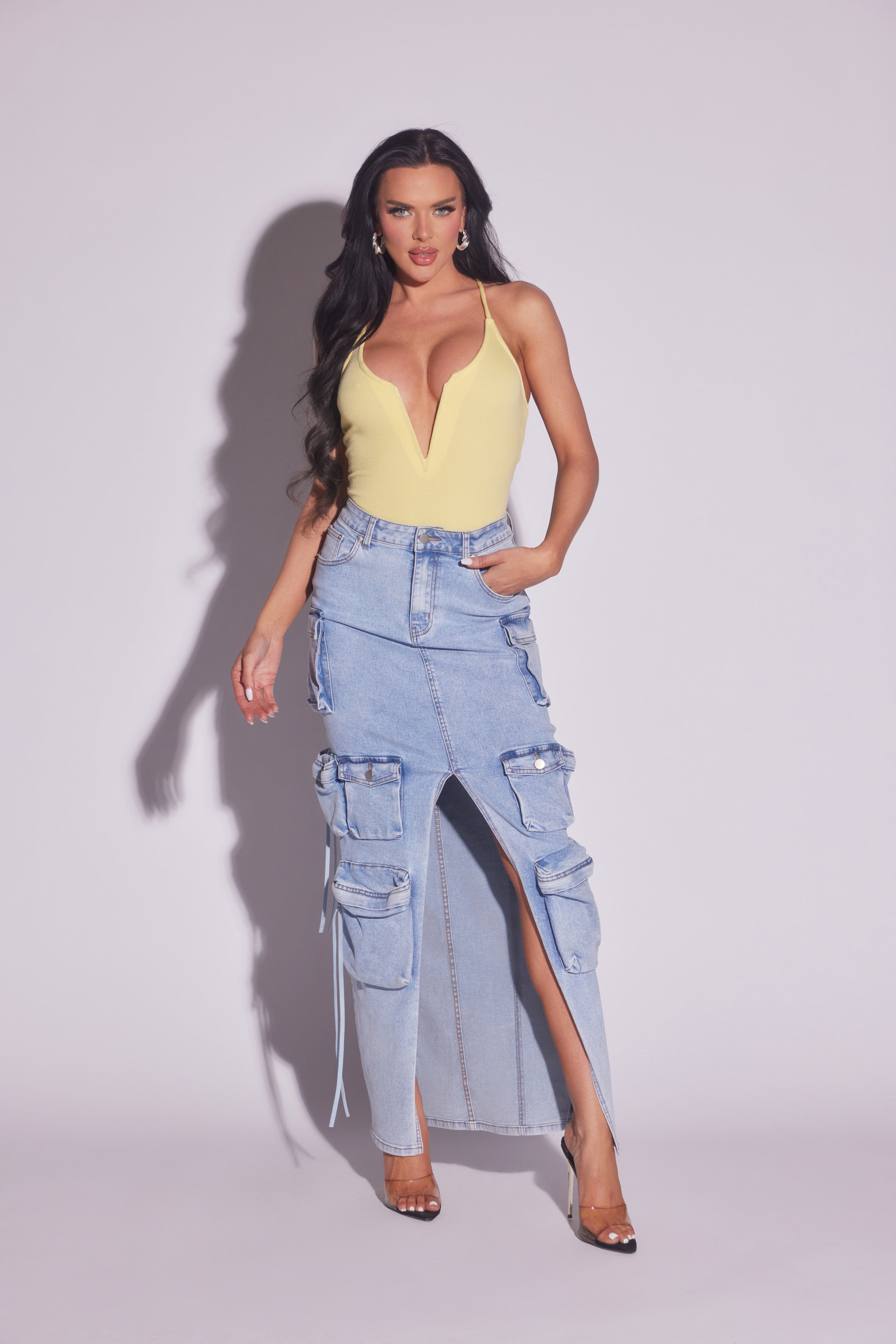 Denim Cargo Maxi Skirt