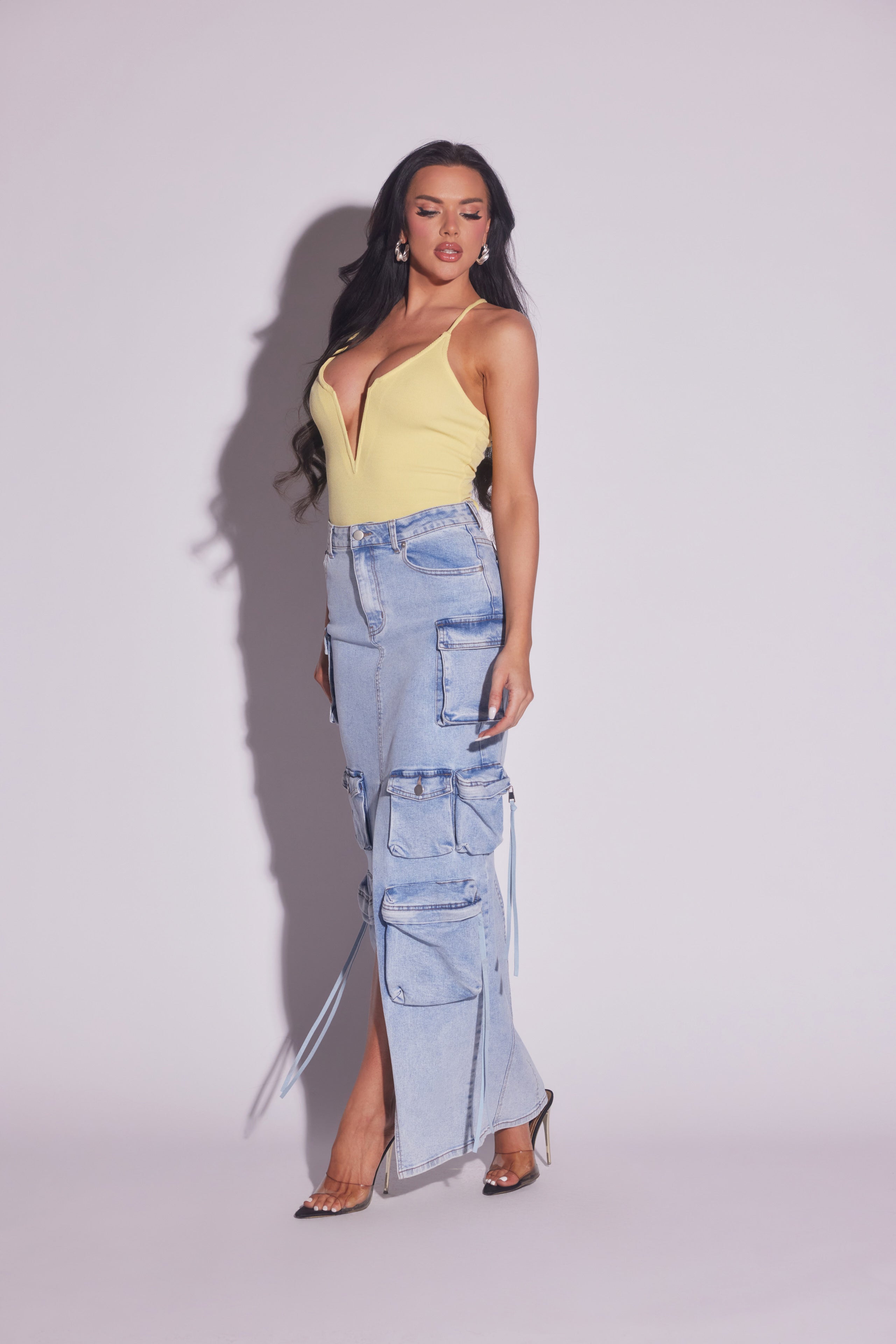 Denim Cargo Maxi Skirt