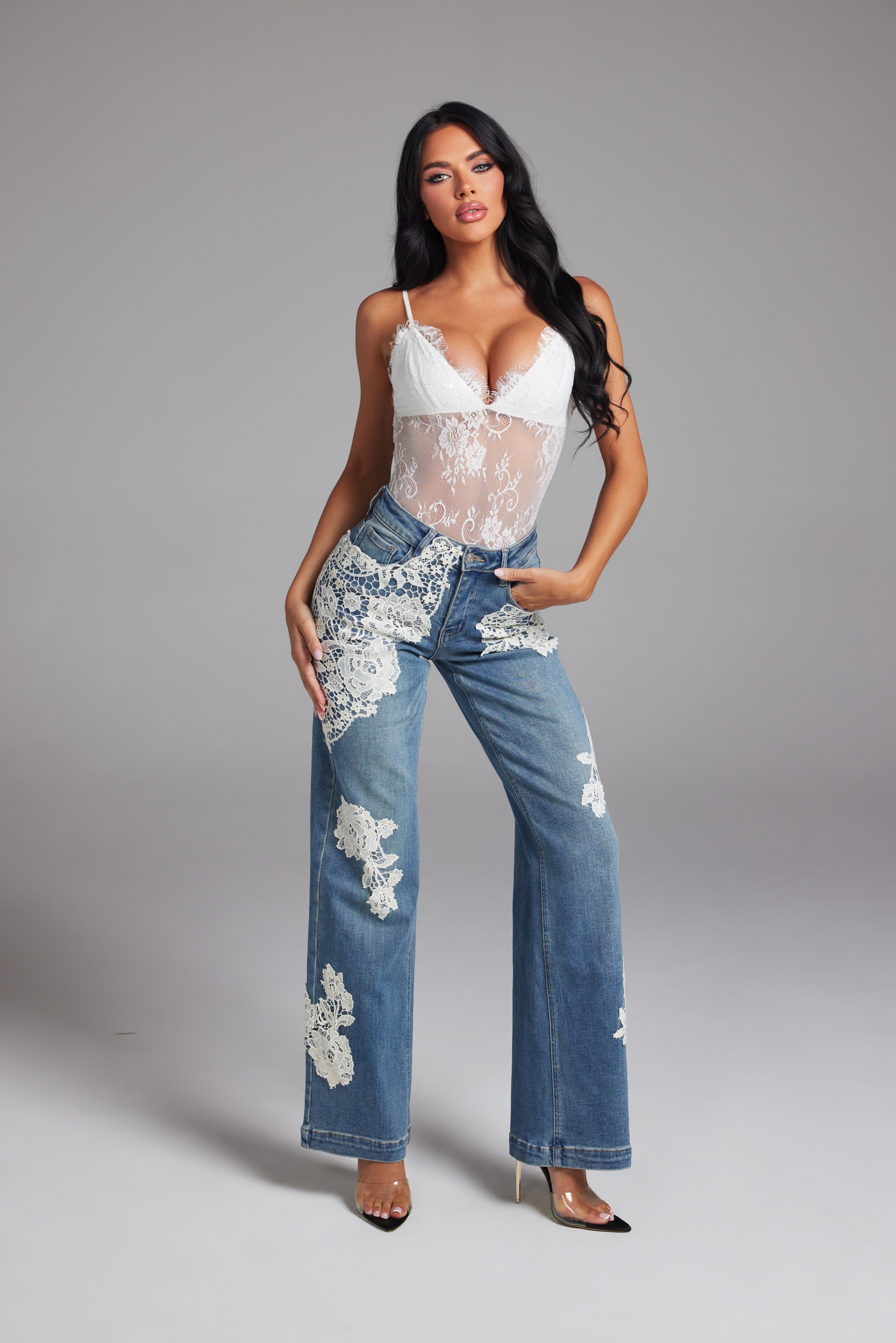 High Rise Floral Lace Applique Patchwork Wide Leg Jeans