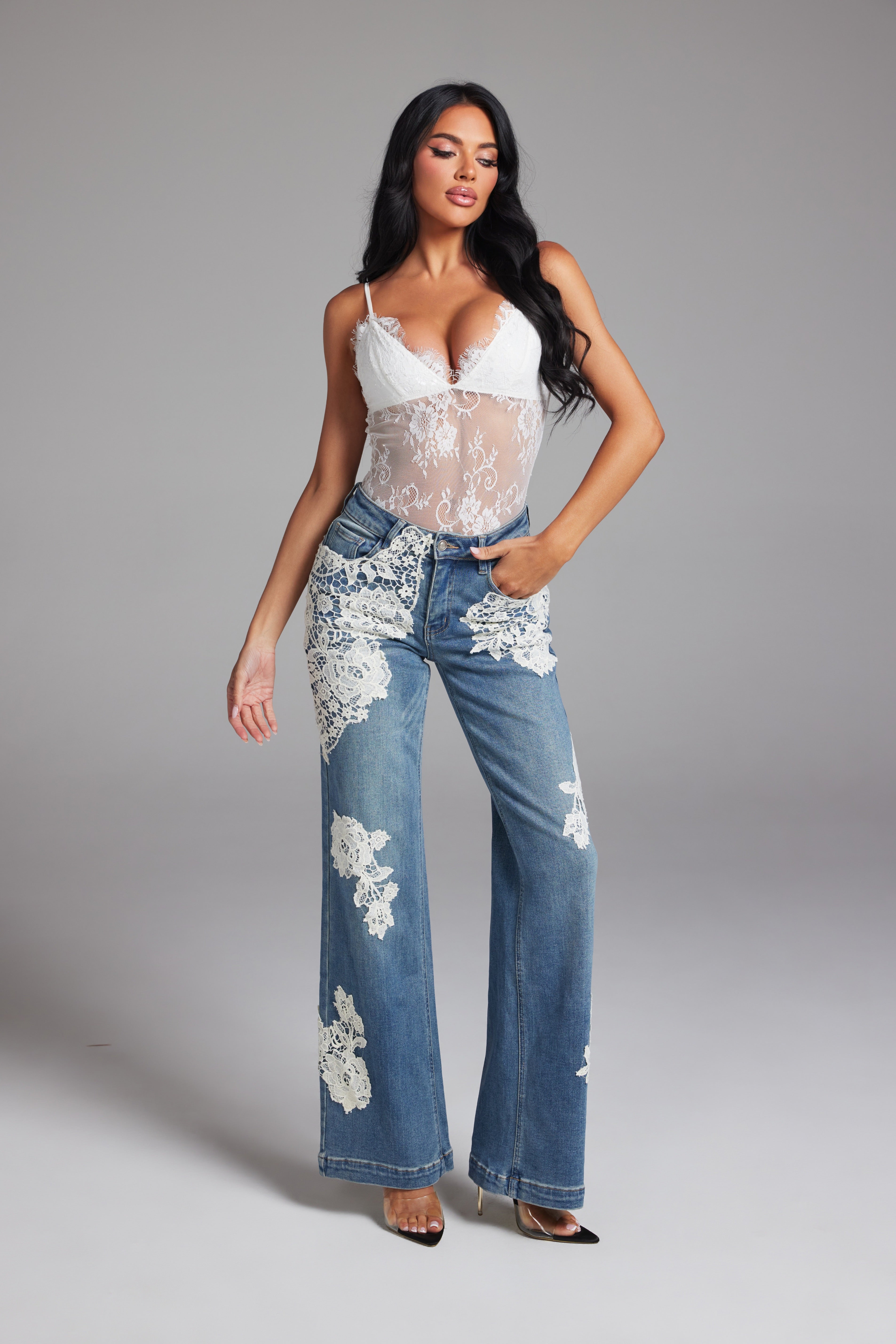High Rise Floral Lace Applique Patchwork Wide Leg Jeans