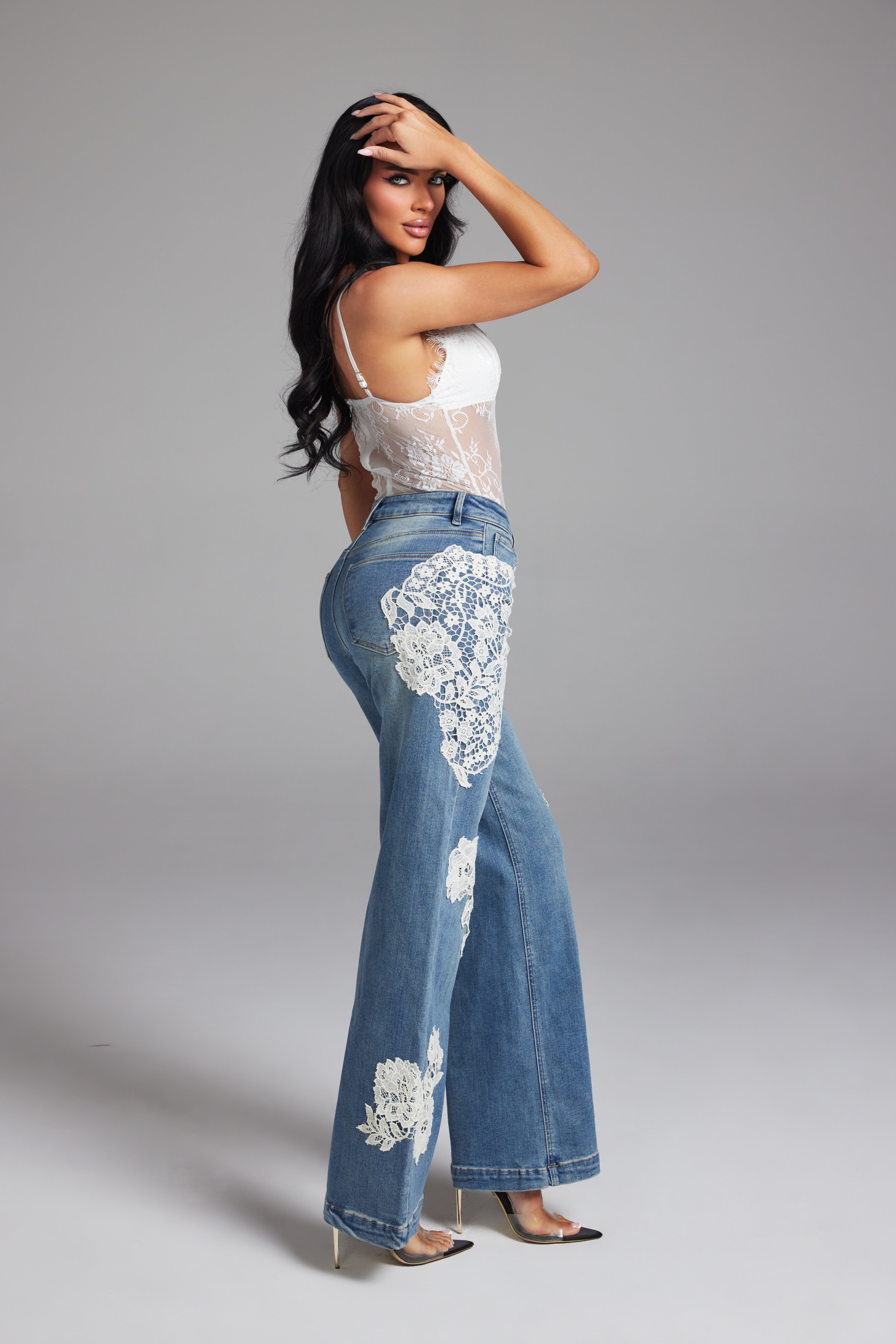 High Rise Floral Lace Applique Patchwork Wide Leg Jeans