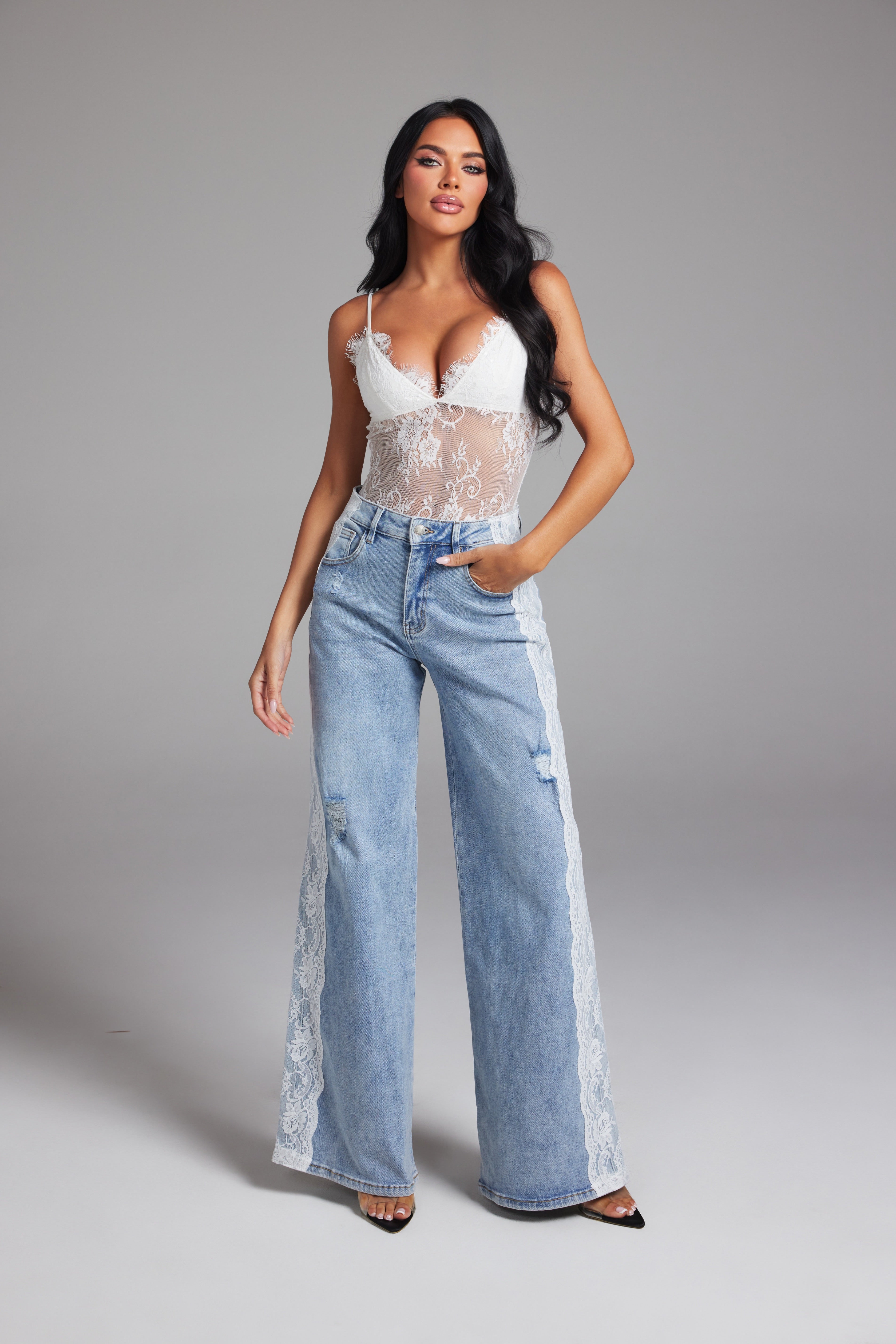 Floral Lace Side Striped High Waist Wide Leg Denim Pants