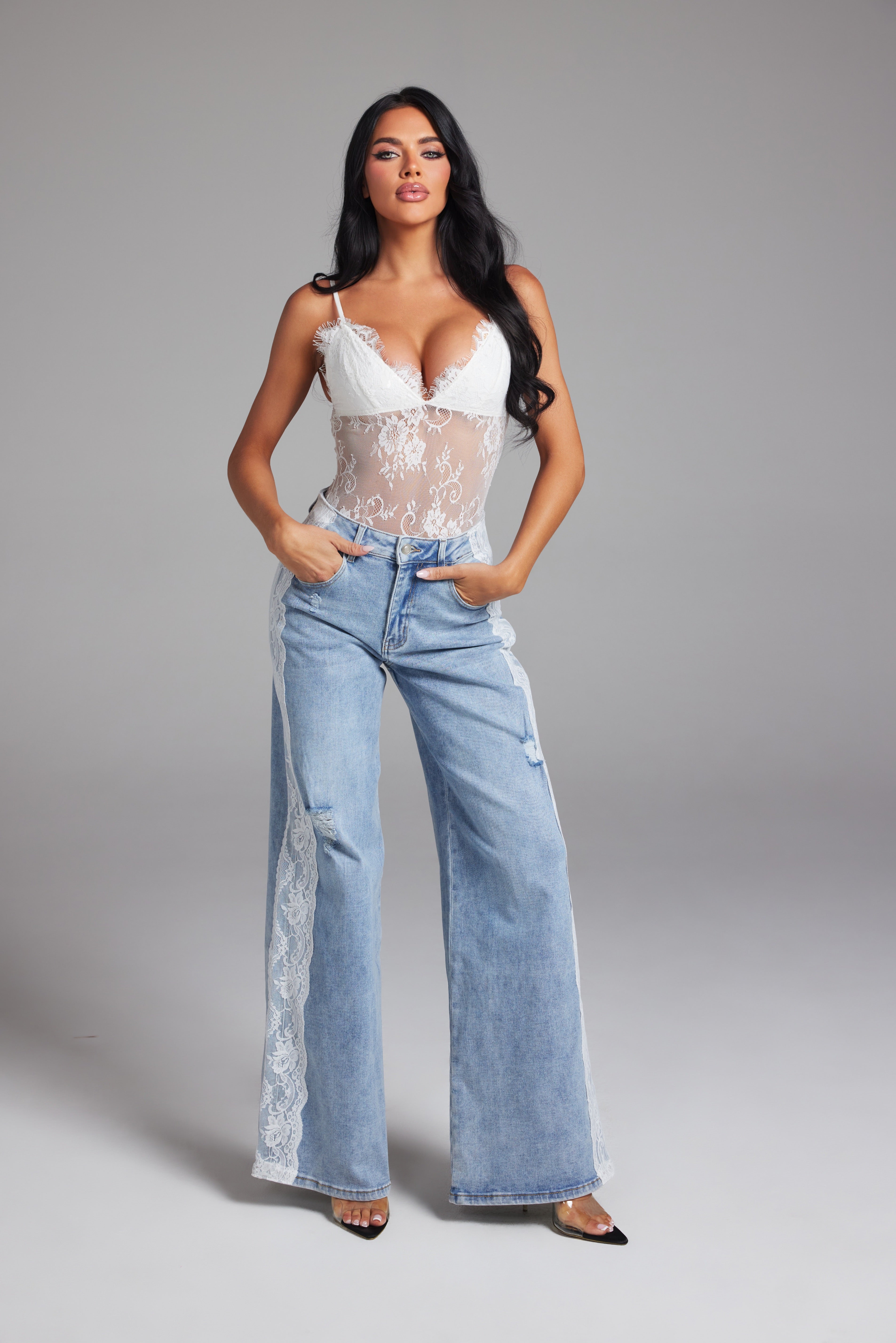 Floral Lace Side Striped High Waist Wide Leg Denim Pants