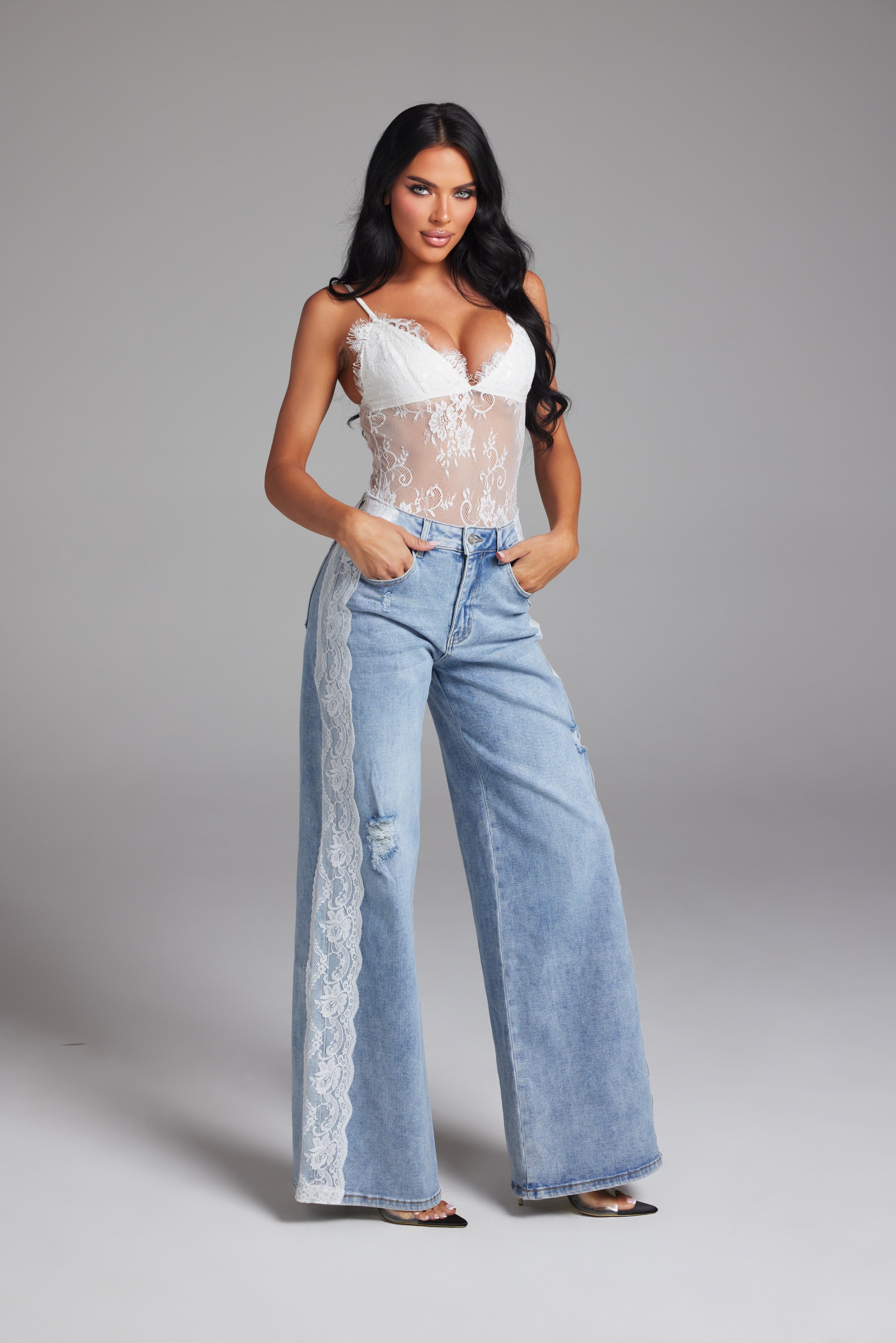 Floral Lace Side Striped High Waist Wide Leg Denim Pants