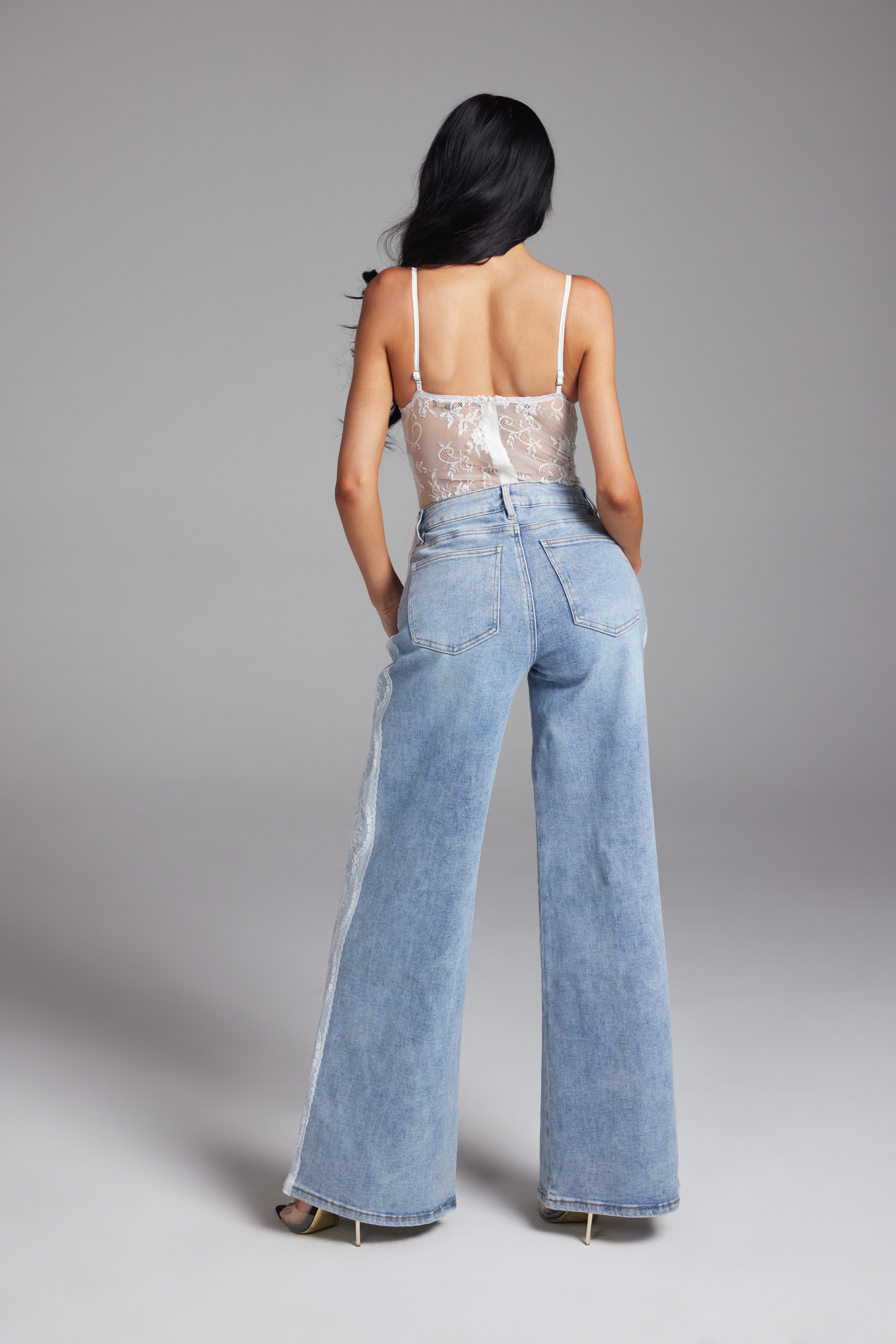 Floral Lace Side Striped High Waist Wide Leg Denim Pants