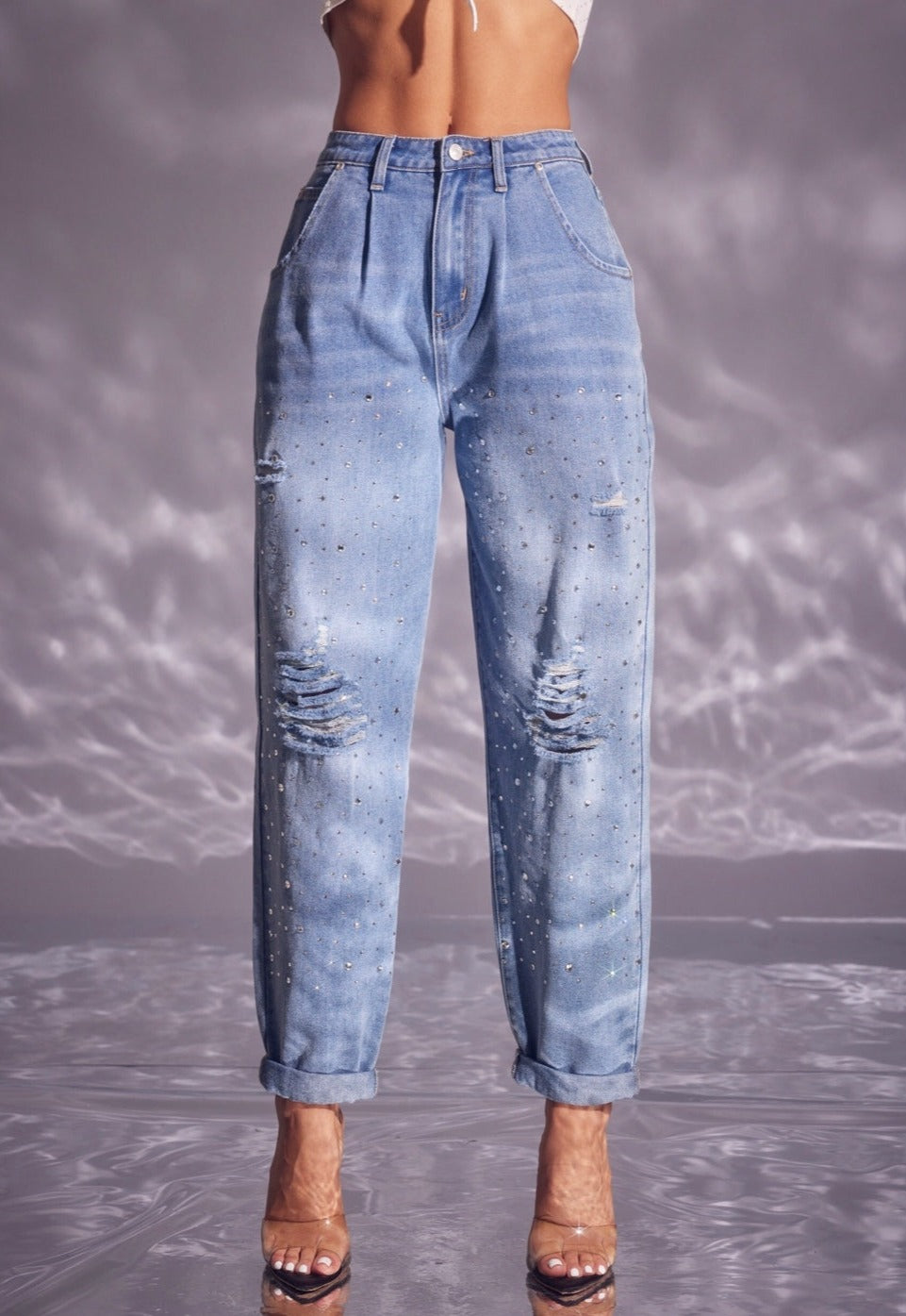 High Rise Rhinestone Distressed Denim Jeans