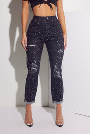 High Rise Rhinestone Distressed Denim Jeans