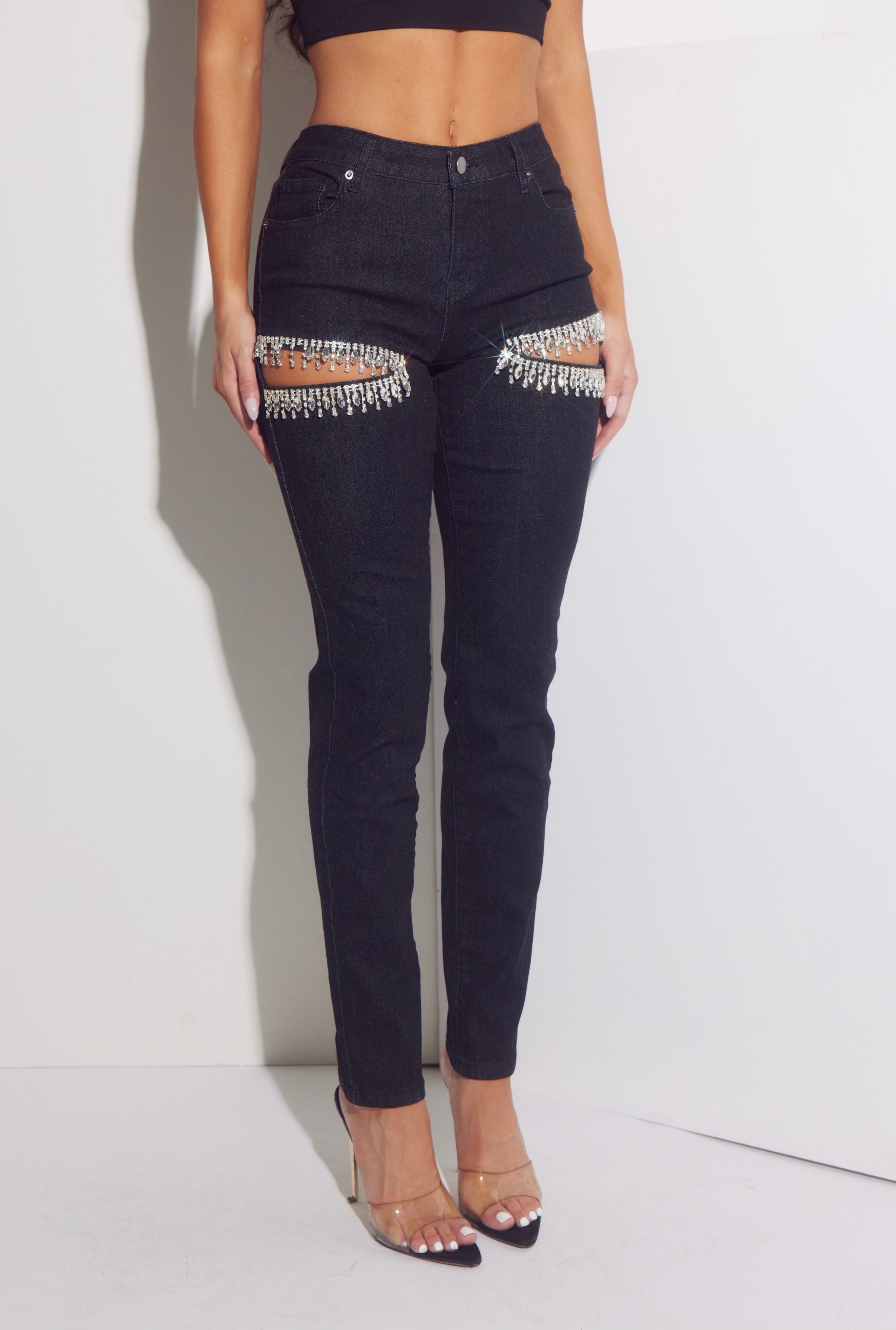 Rhinestone Cutout Jeans