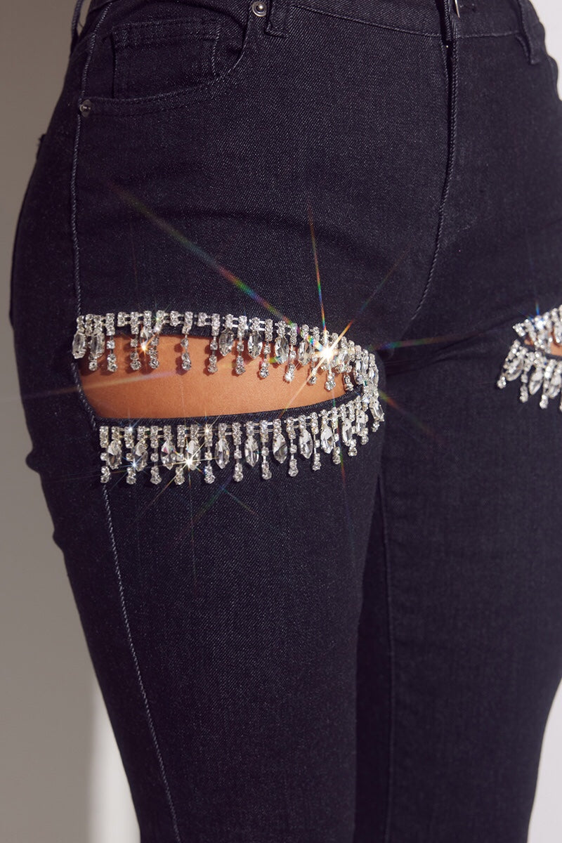 Rhinestone Cutout Skinny Jeans