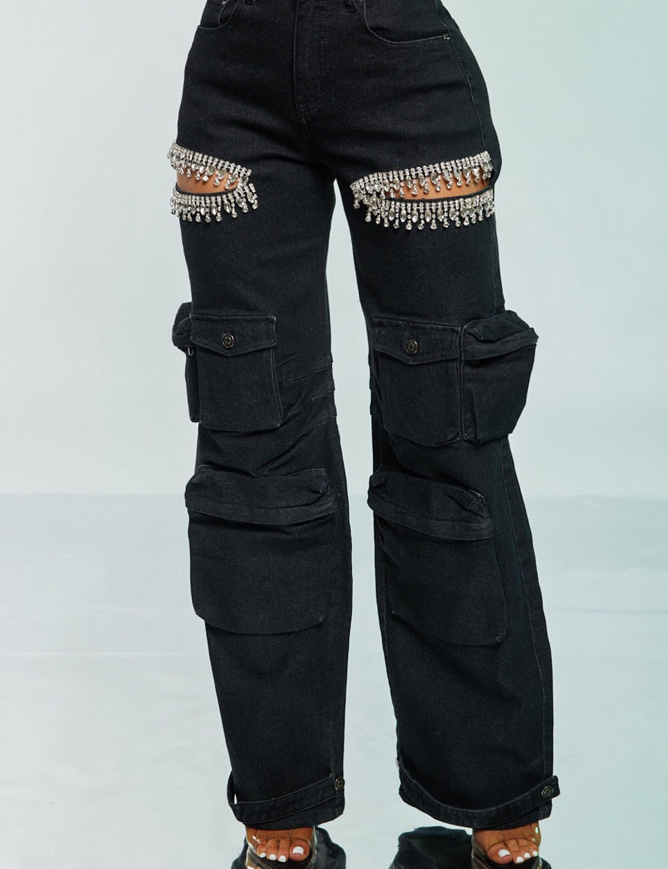 Rhinestone Cutout Denim Cargo Pants