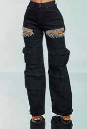 Rhinestone Cutout Denim Cargo Pants