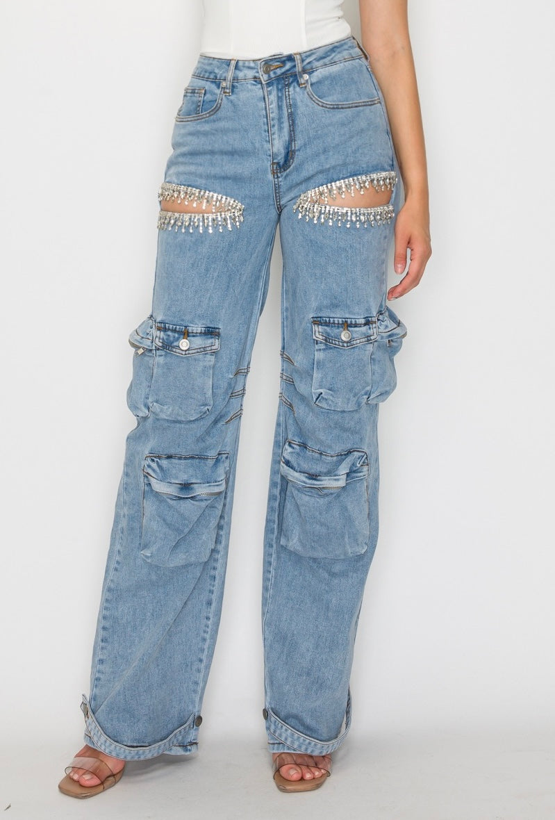Rhinestone Cutout Cargo Jeans – Ver Luisant