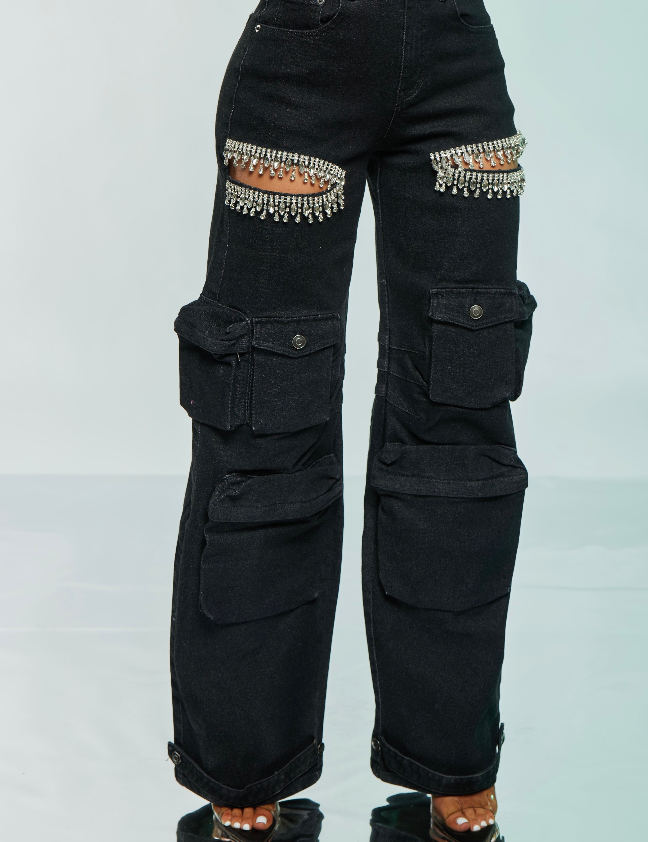 Rhinestone Cutout Cargo Jeans