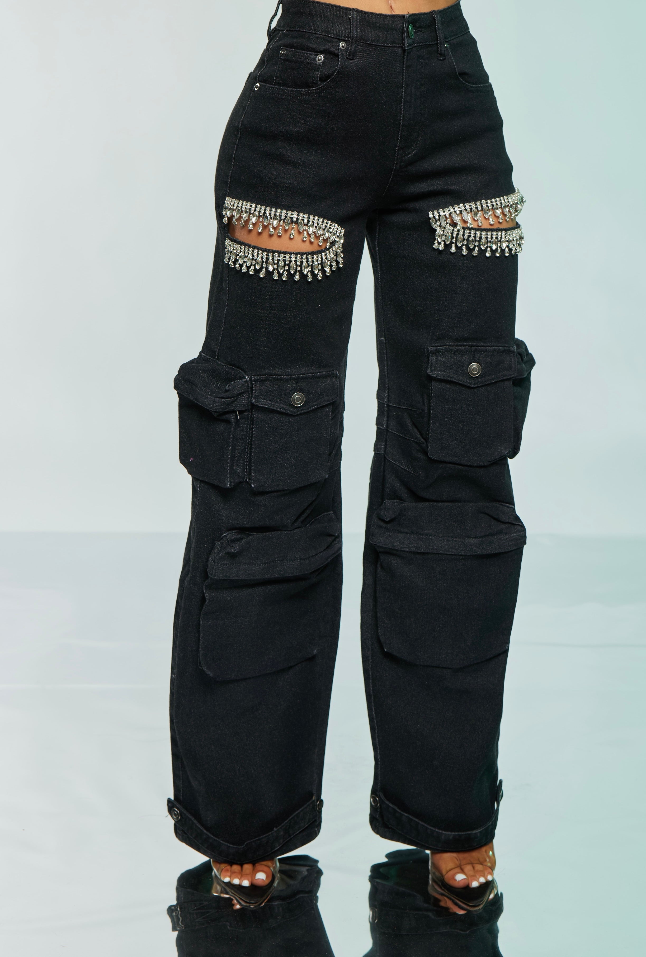 Rhinestone Cutout Cargo Jeans