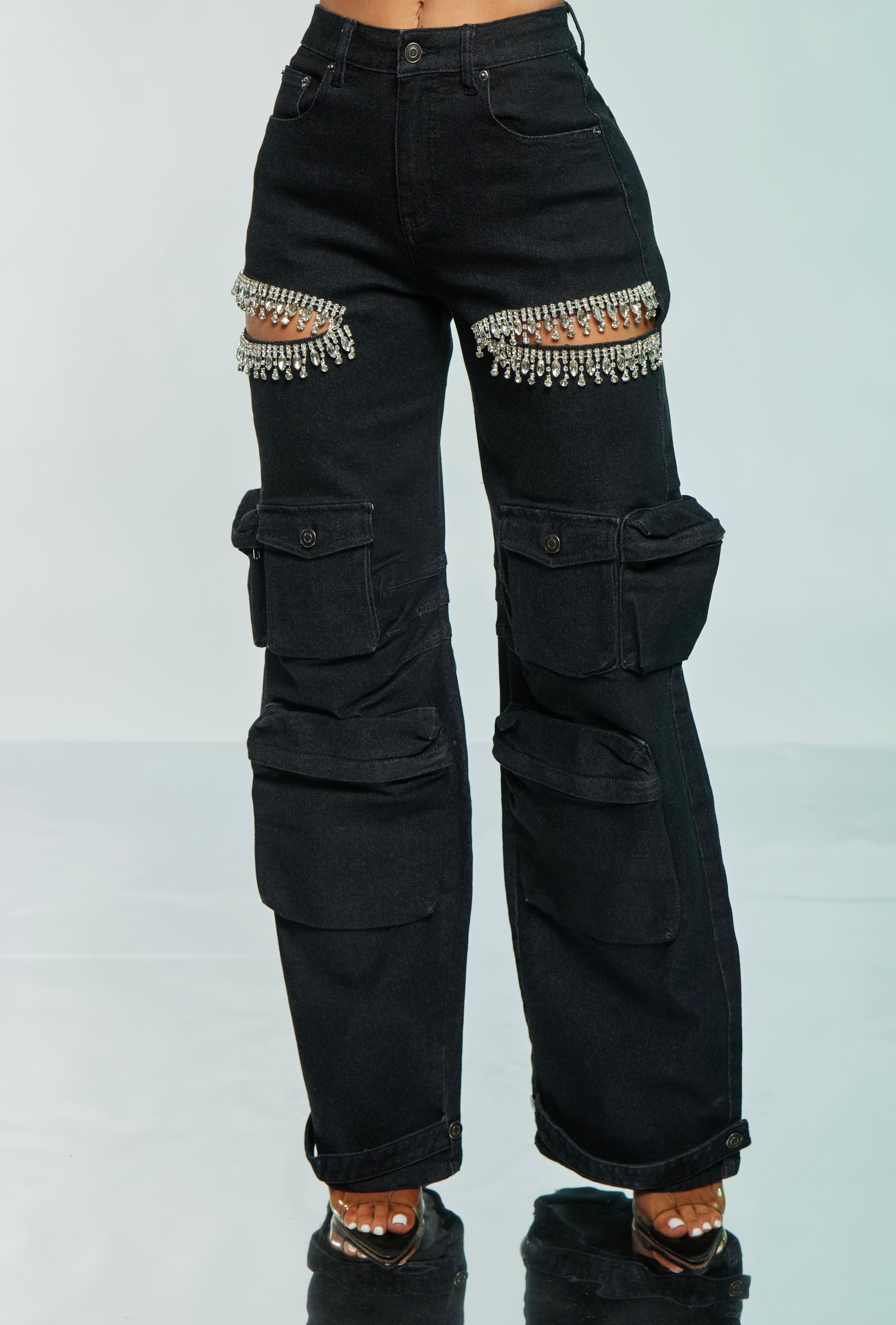 Rhinestone Cutout Cargo Jeans