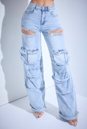 Rhinestone Cutout Denim Cargo Pants