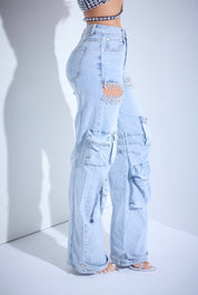 Rhinestone Cutout Denim Cargo Pants