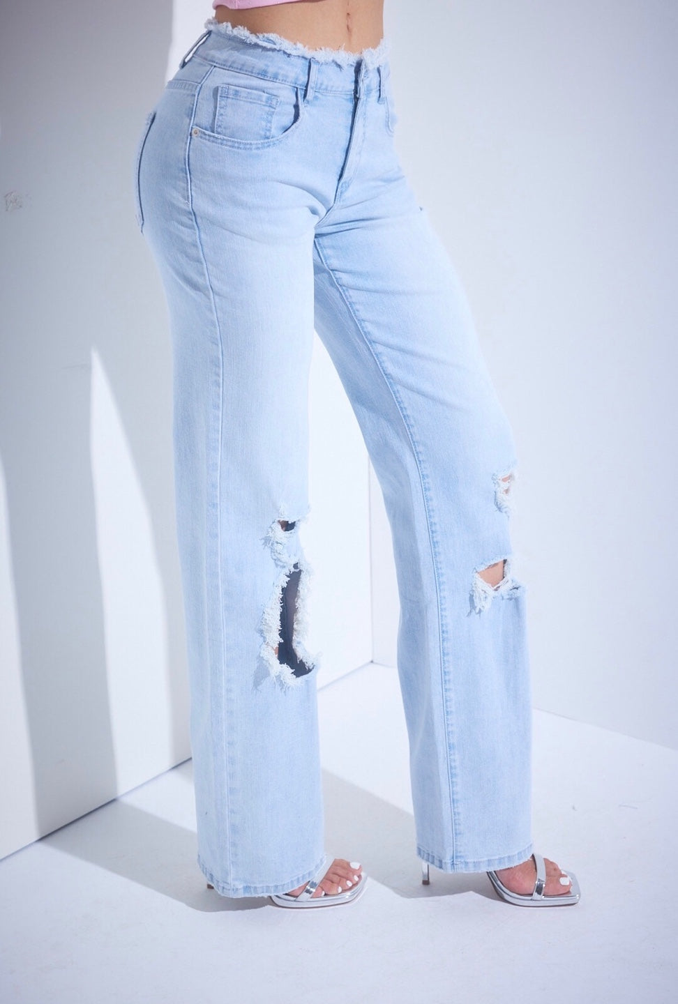 Straight Leg Distressed High Rise Denim Jeans