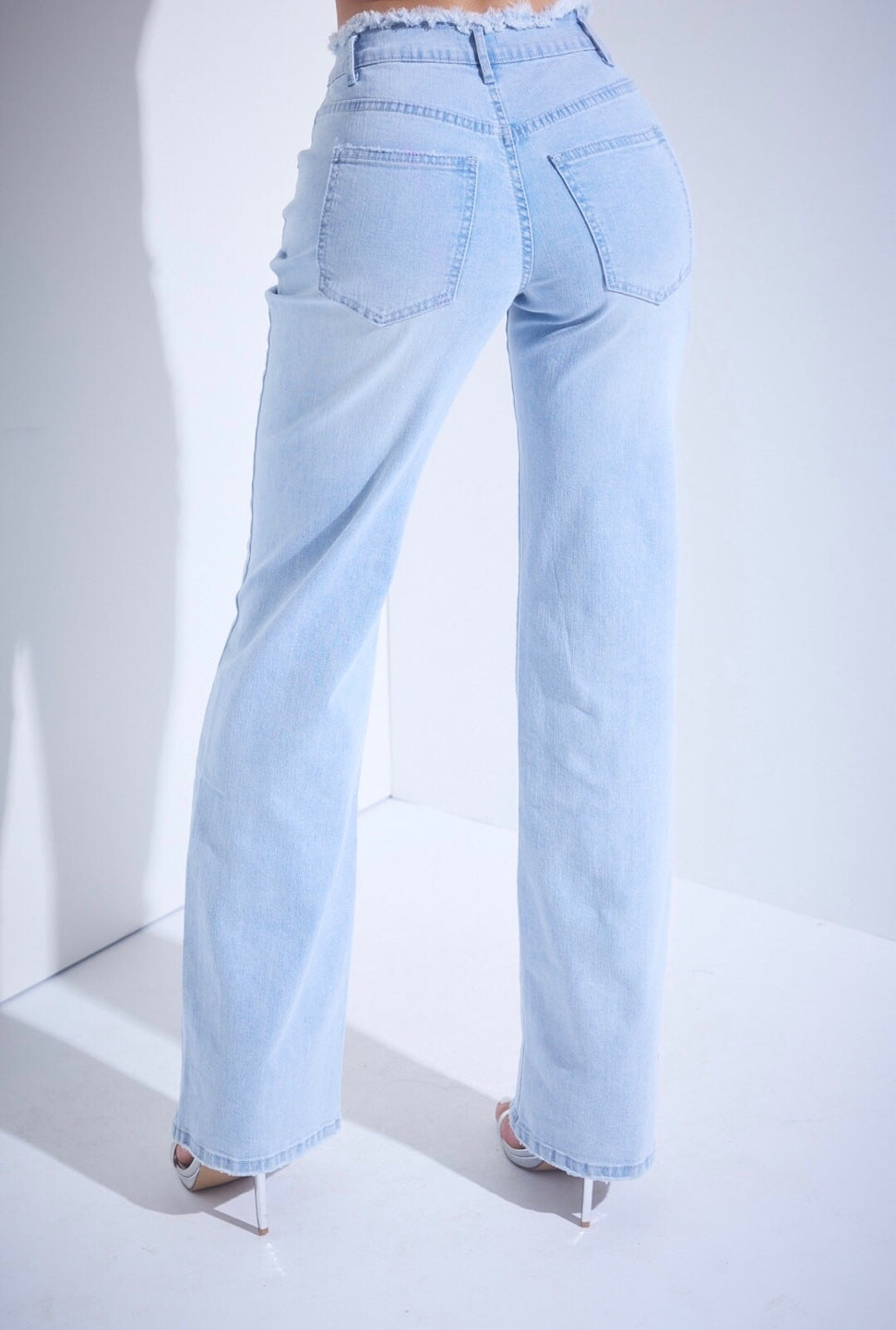 Straight Leg Distressed High Rise Denim Jeans