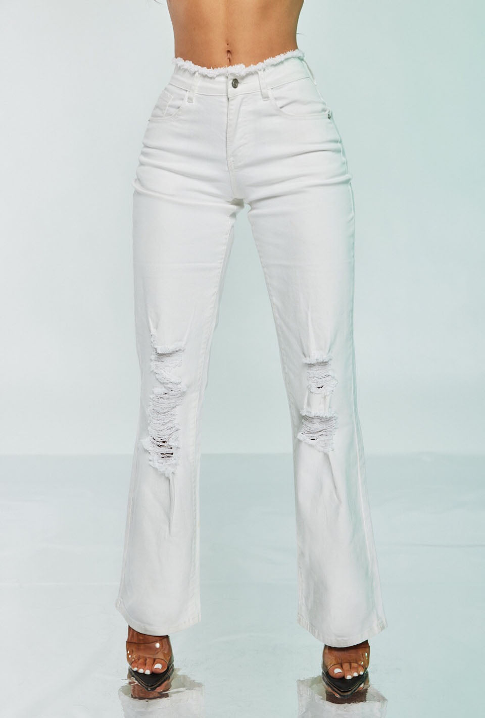 Straight Leg Distressed High Rise Denim Jeans