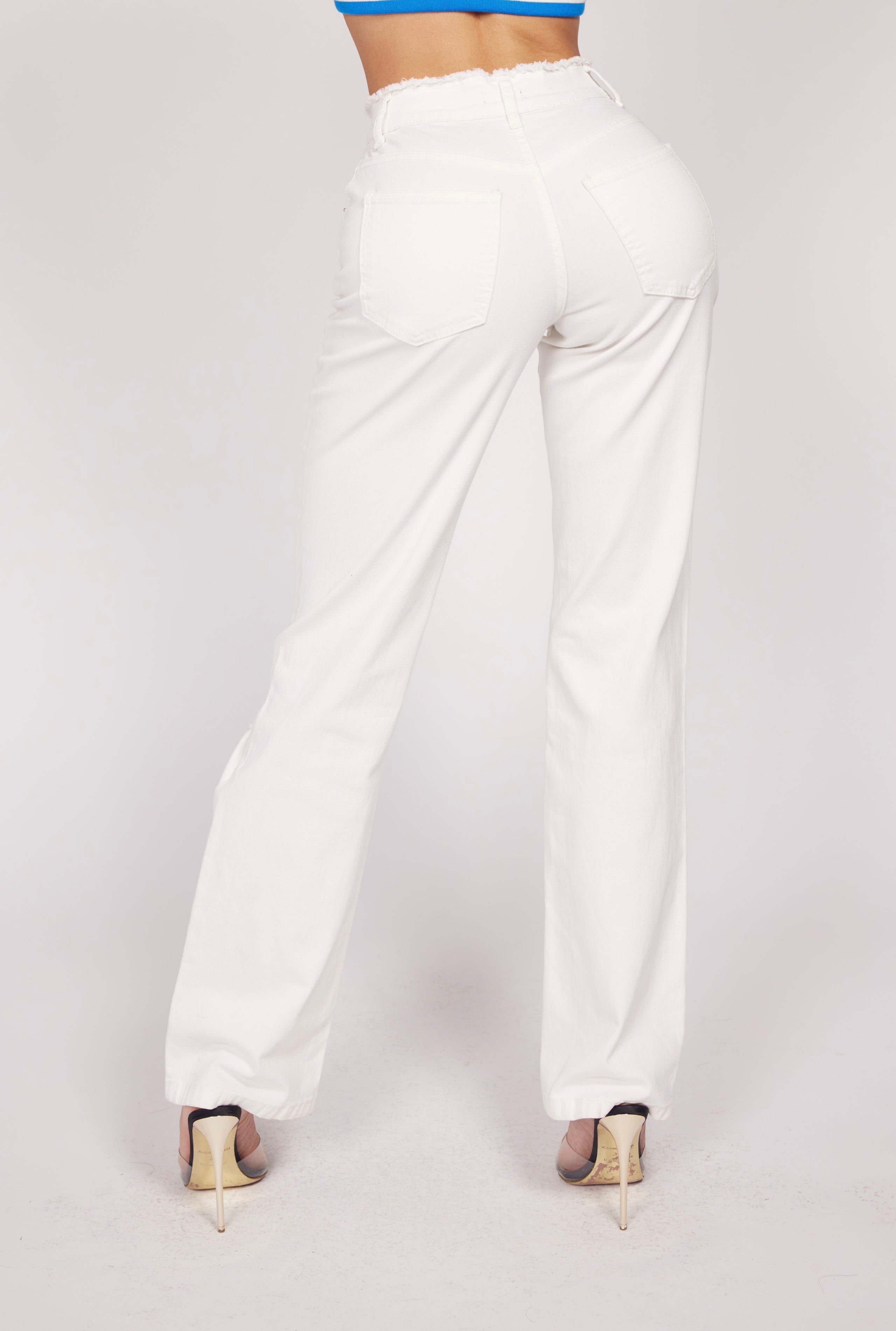 Straight Leg Distressed High Rise Denim Jeans