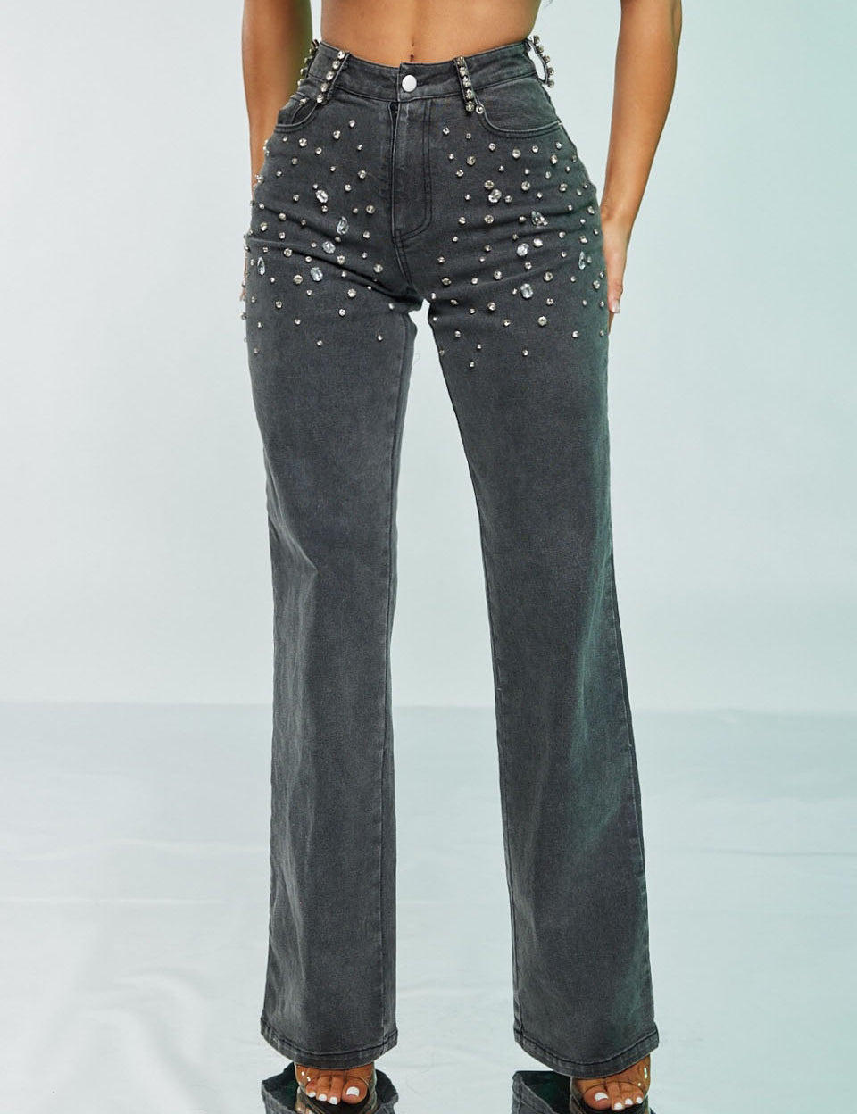 High Rise Rhinestone Denim Pants