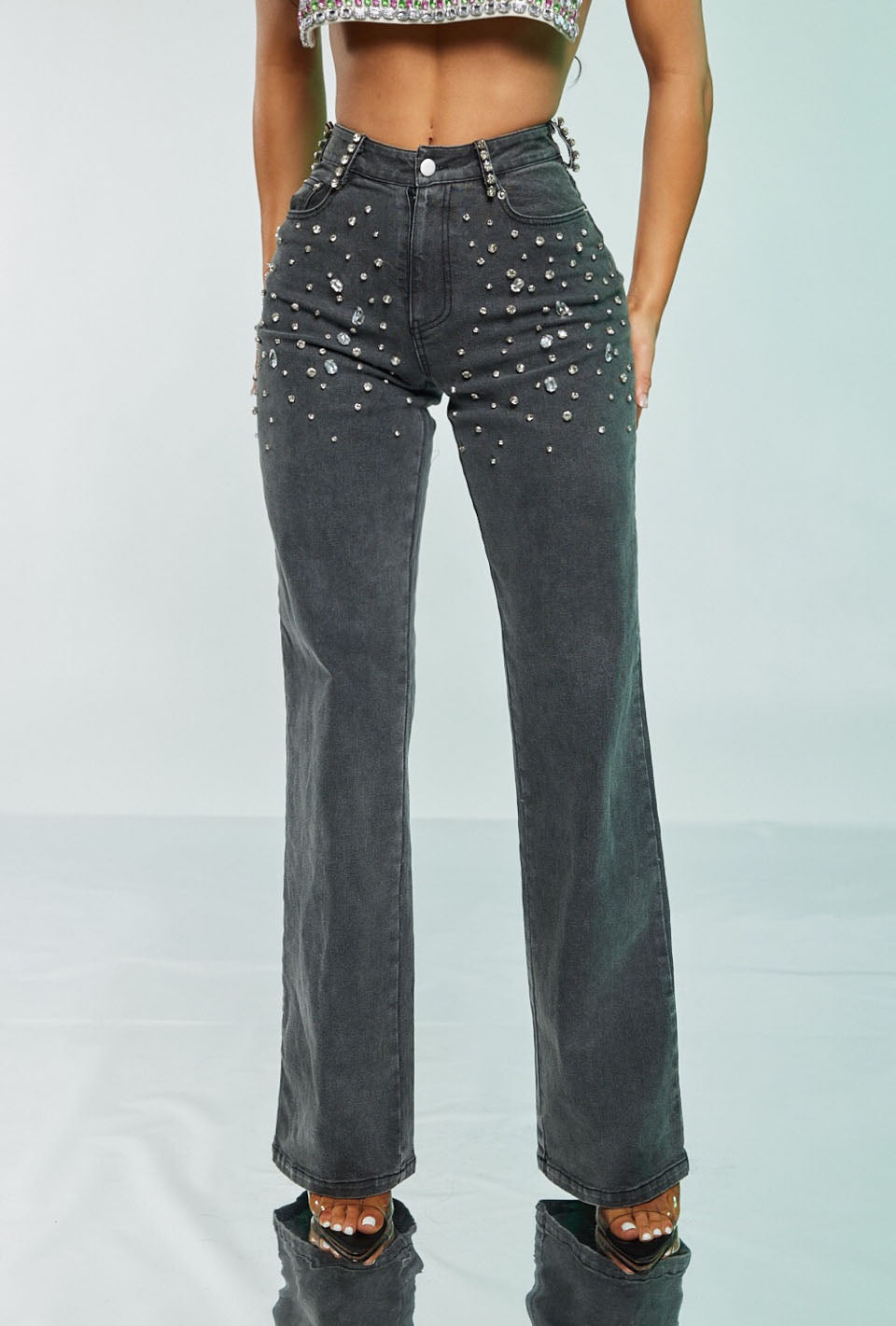 High Rise Rhinestone Denim Pants