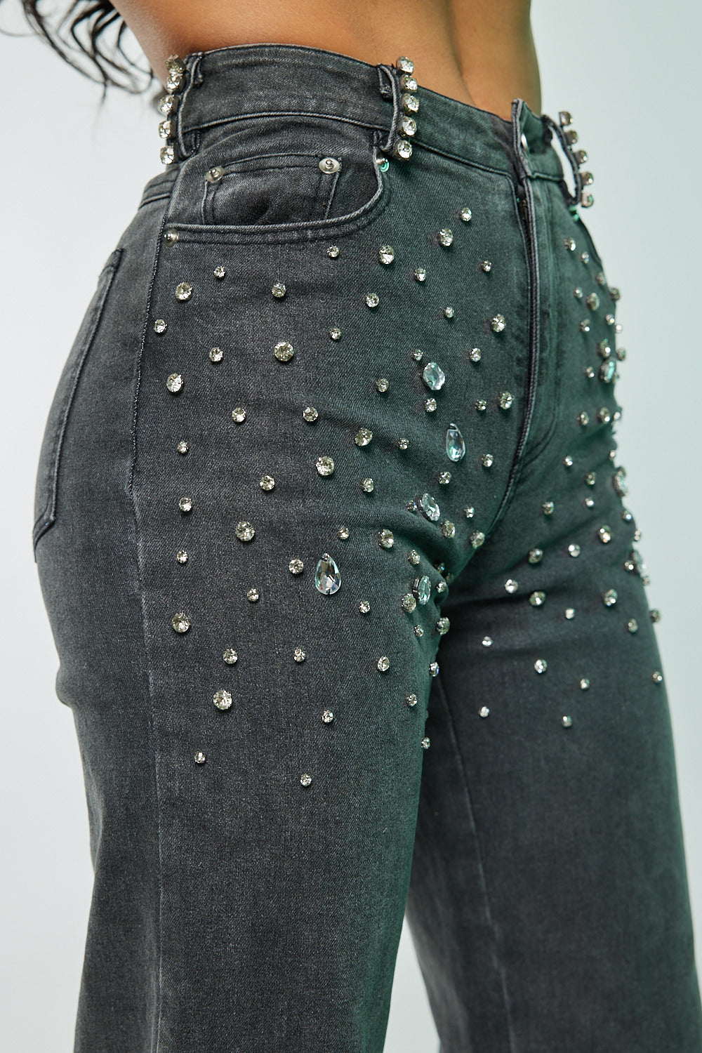 High Rise Rhinestone Denim Pants