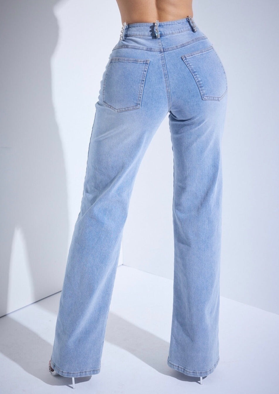 High Rise Rhinestone Denim Pants