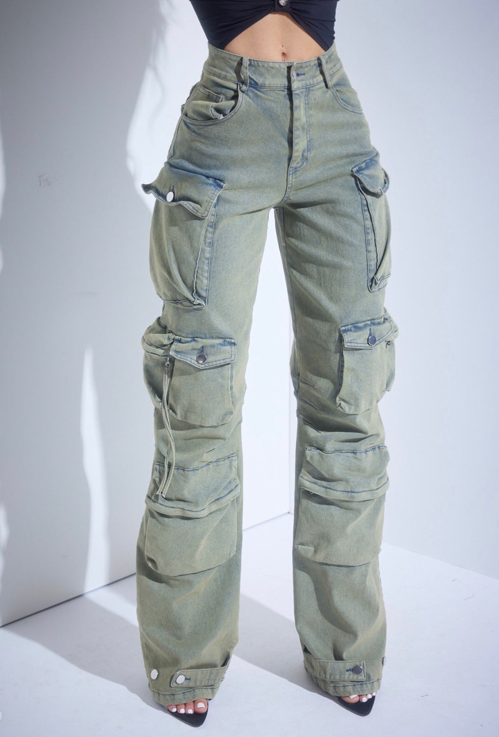 Green Wash Denim Cargo Jeans