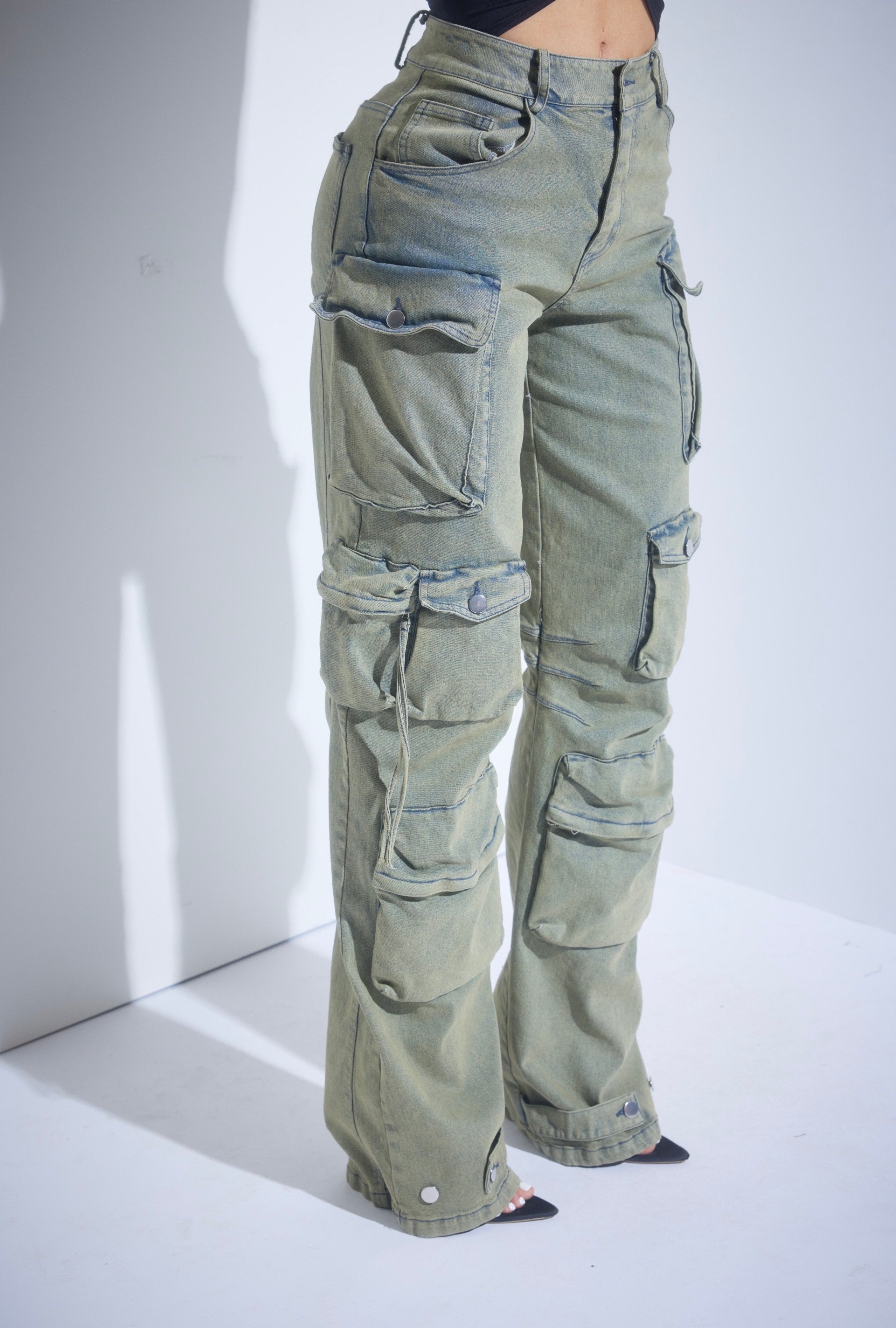 Green Wash Denim Cargo Jeans