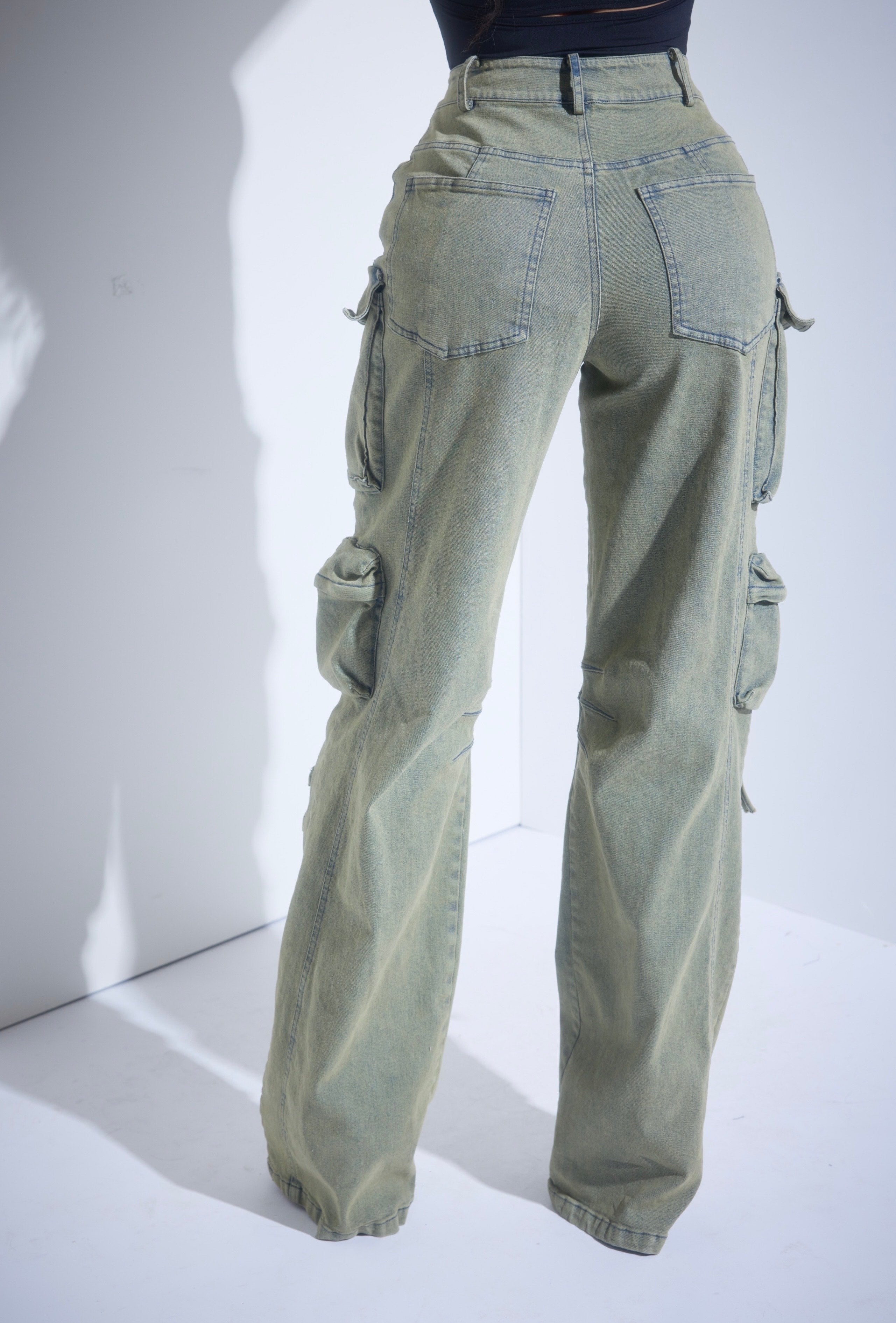 Green Wash Denim Cargo Jeans