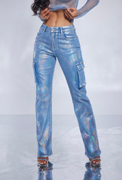 Metallic Foil Denim Cargo Jeans