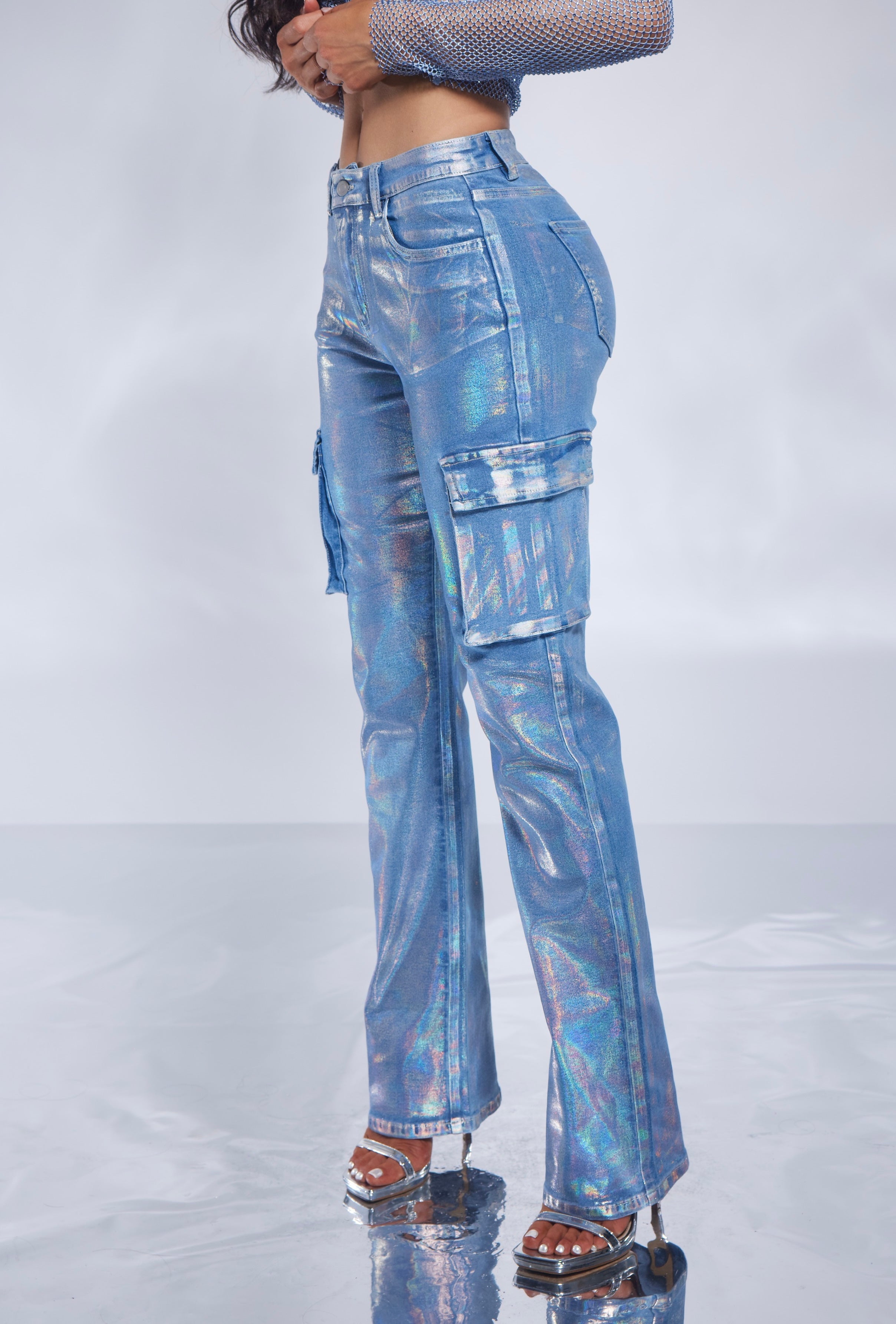 Metallic Foil Denim Cargo Jeans