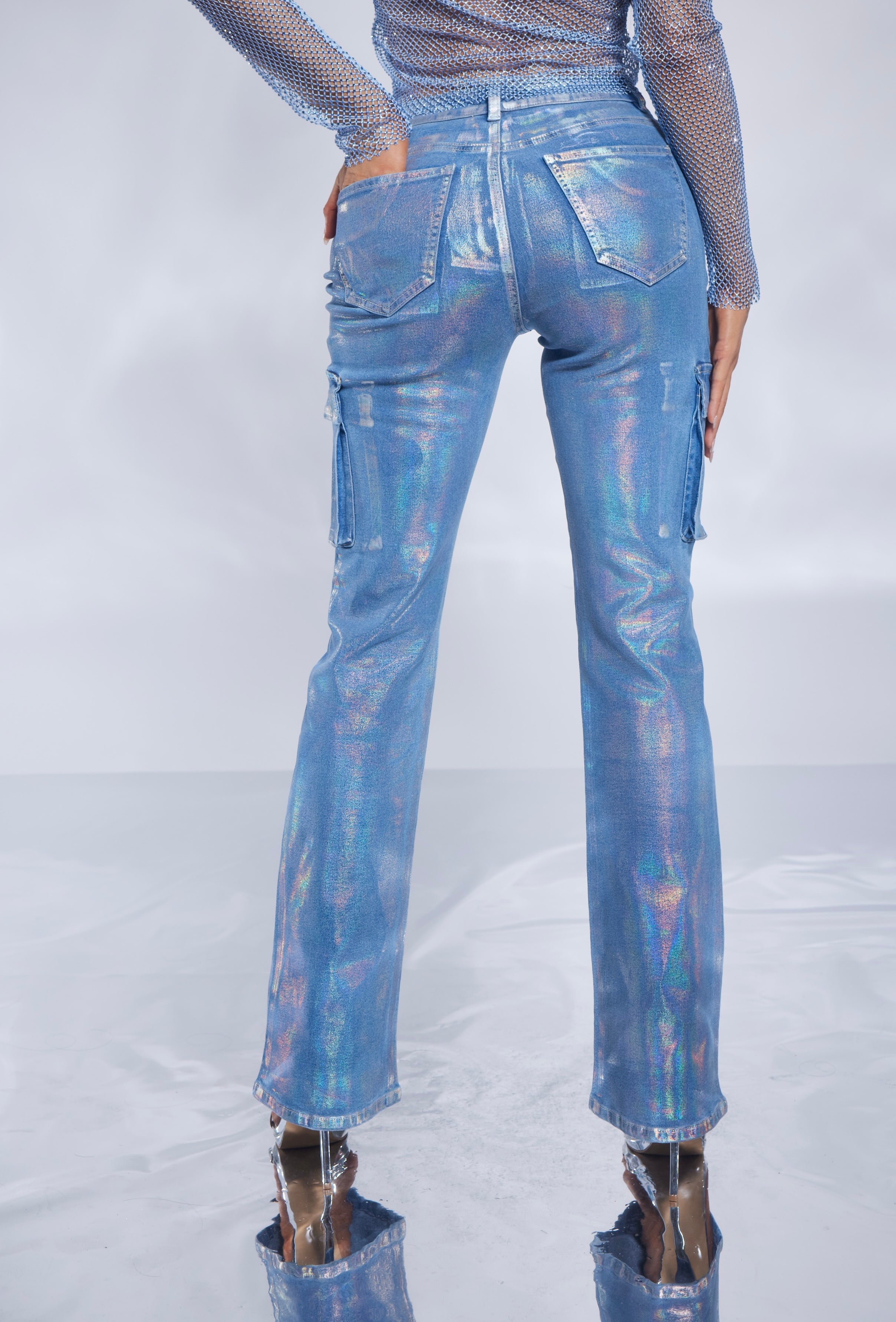 Metallic Foil Denim Cargo Jeans