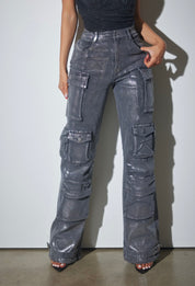 Metallic Foil Denim Cargo Jeans