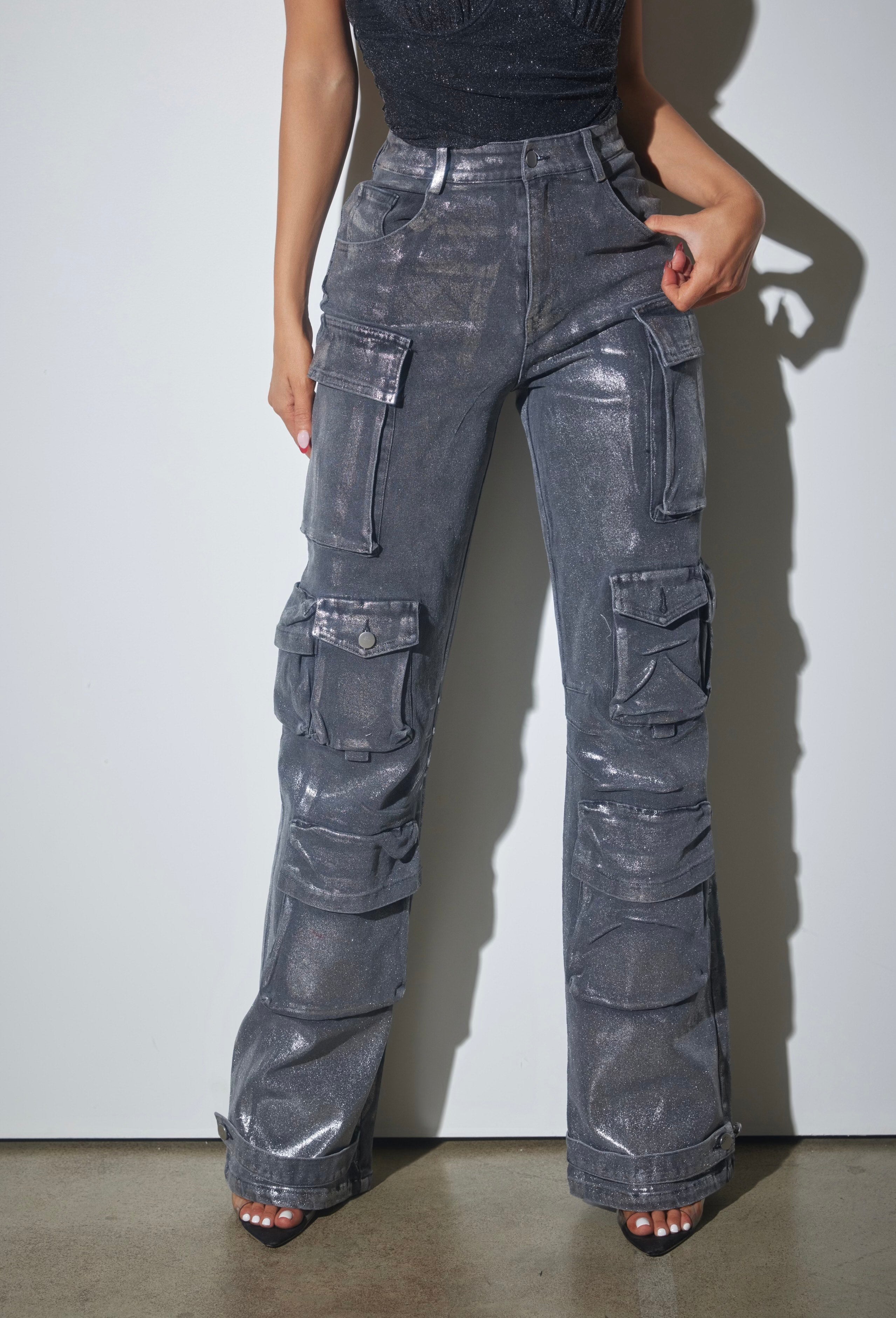 Metallic Foil Denim Cargo Jeans