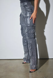 Metallic Foil Denim Cargo Jeans